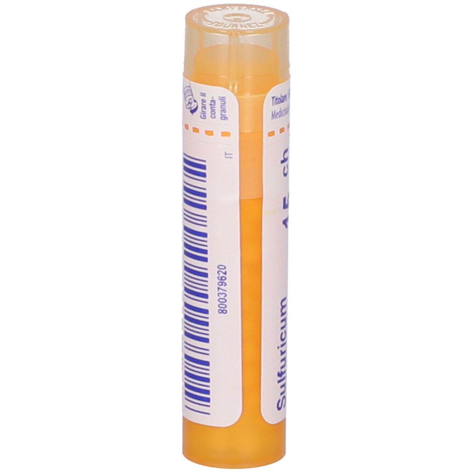 Confezione cilindrica gialla. Scritta: Sulfuricum acidum 15 ch. Codice a barre e altre informazioni sull'etichetta.