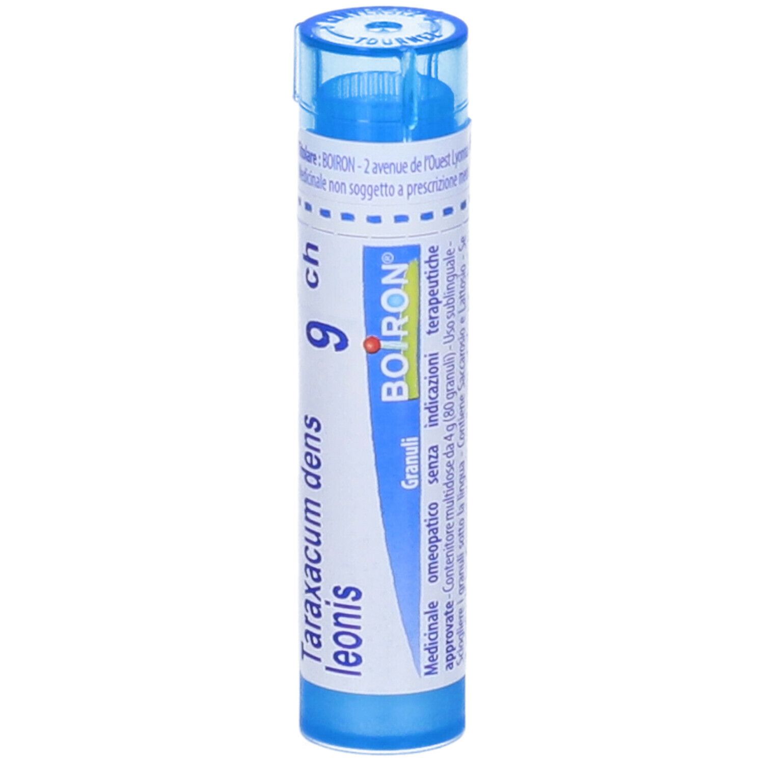 Tubo blu con scritta bianca. Nome del prodotto: Taraxacum dens leoni 9 ch. Marchio: BOIRON. Granuli.