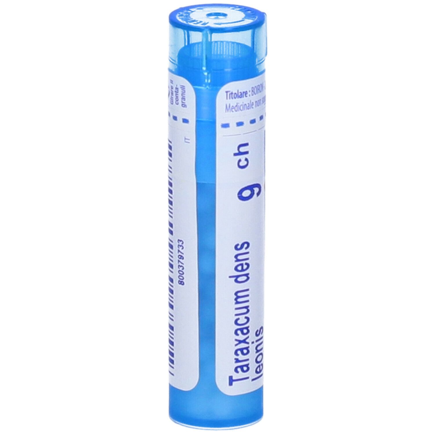 Tubo blu con scritta bianca. Nome del prodotto: Taraxacum dens leoni 9 ch. Codice a barre stampato.