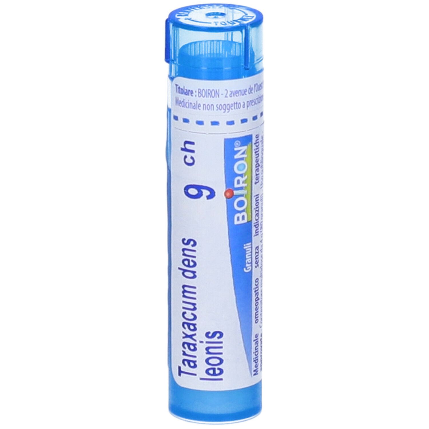 Tubo blu con scritta bianca. Nome del prodotto: Taraxacum dens leoni 9 ch. Marchio: BOIRON. Granuli.