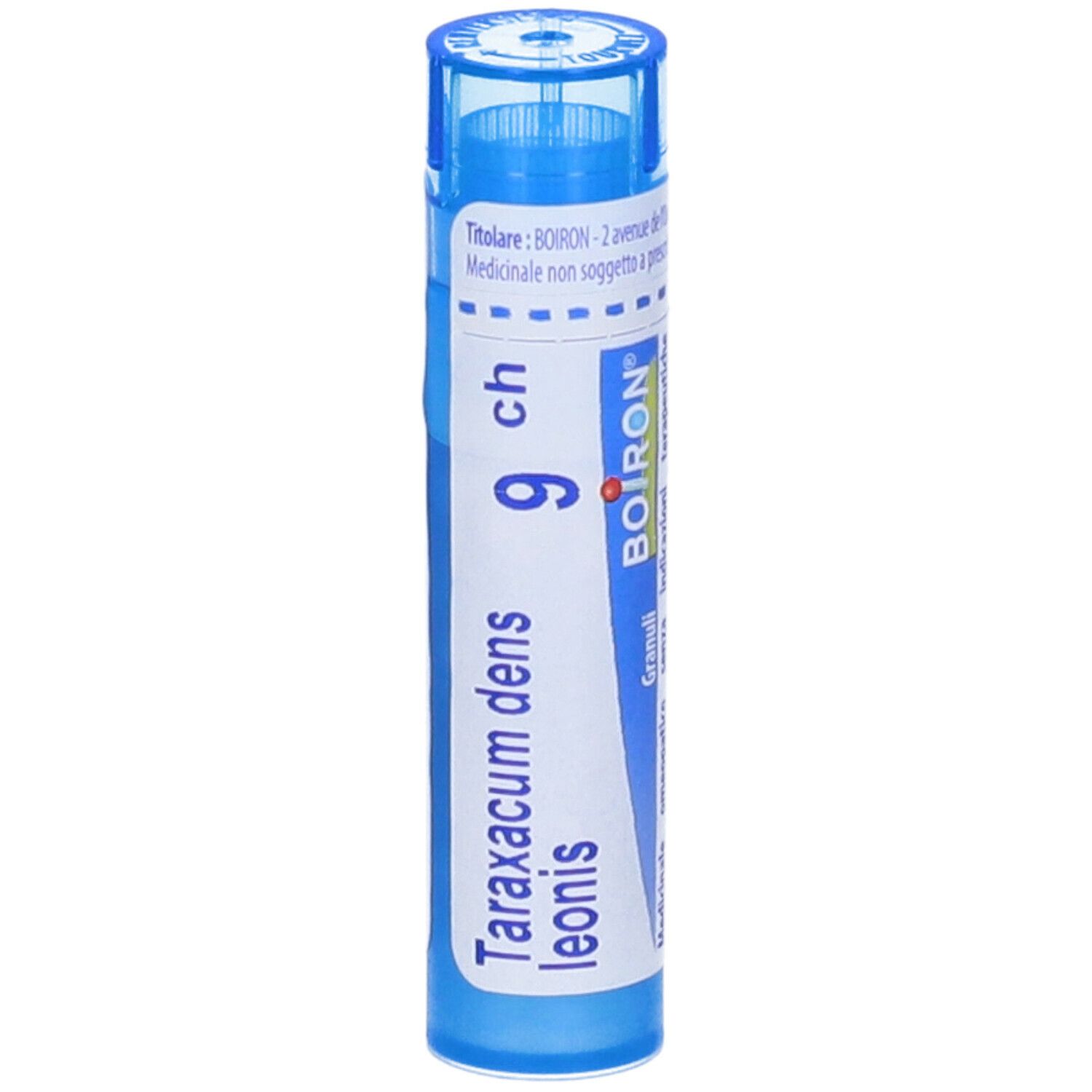 Tubo blu con scritta bianca. Nome del prodotto: Taraxacum dens leoni 9 ch. Marchio: BOIRON. Granuli.