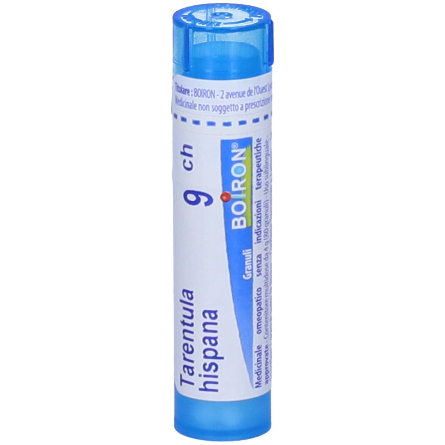 Tubo blu con etichetta bianca. Scritta "Tarentula hispana 9 ch" e logo BOIRON. Granuli.
