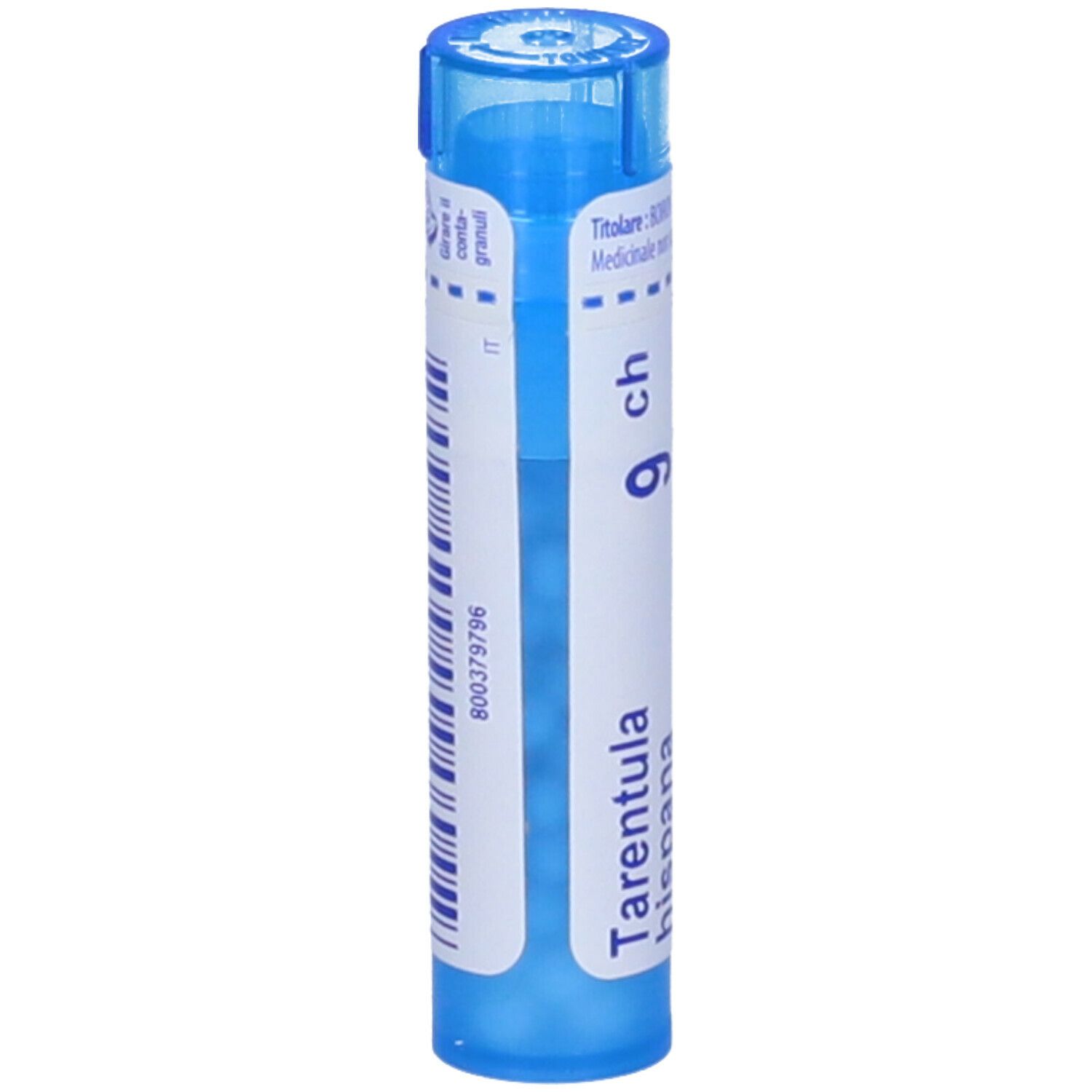 Tubo blu con etichetta bianca. Scritta "Tarentula hispana 9 ch" e logo BOIRON. Granuli.