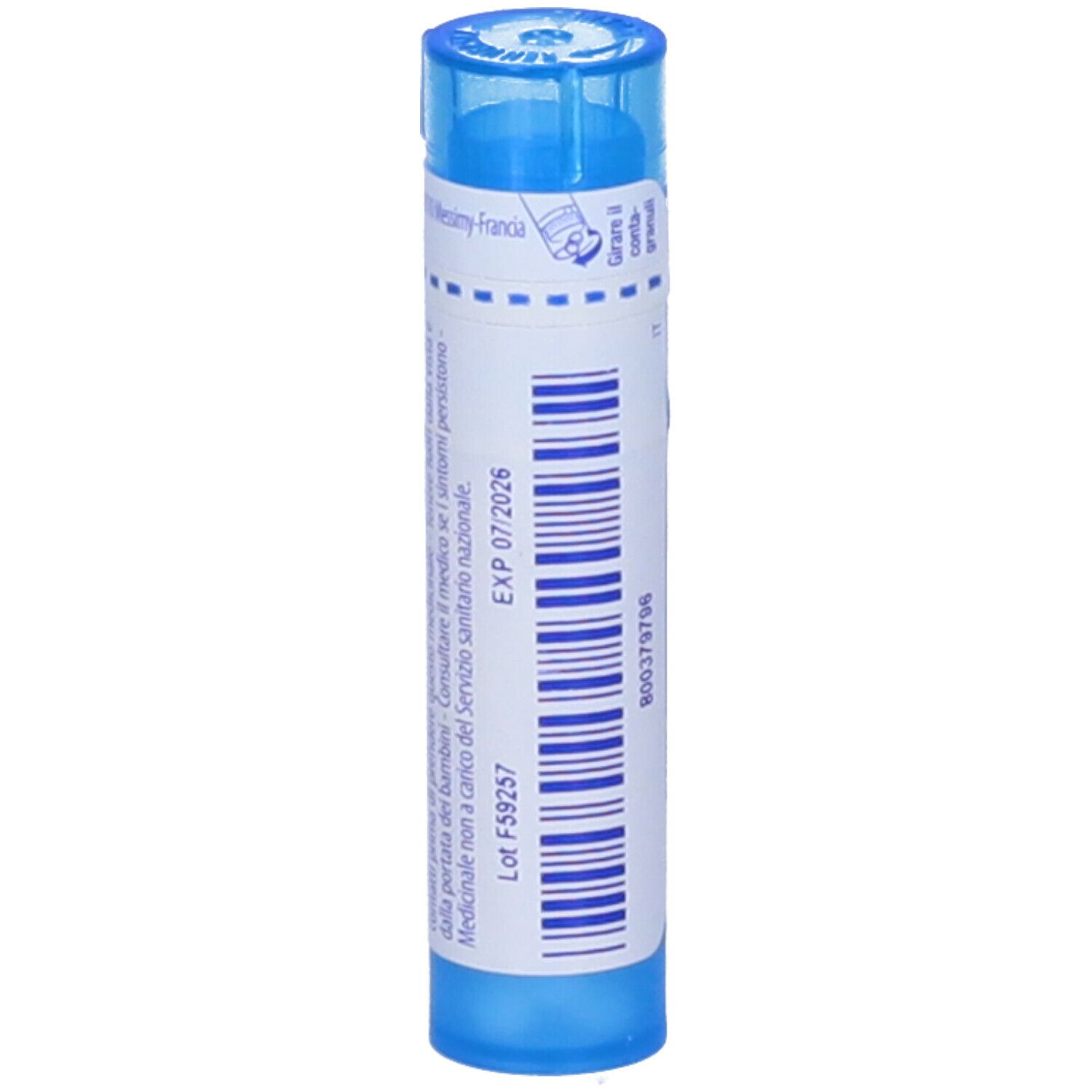 Tubo blu con etichetta bianca. Scritta "Tarentula hispana 9 ch" e logo BOIRON. Granuli.