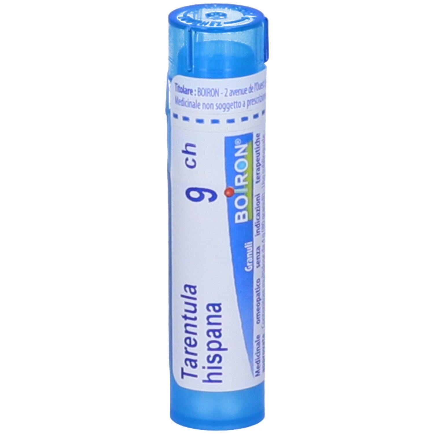 Tubo blu con etichetta bianca. Scritta "Tarentula hispana 9 ch" e logo BOIRON. Granuli.