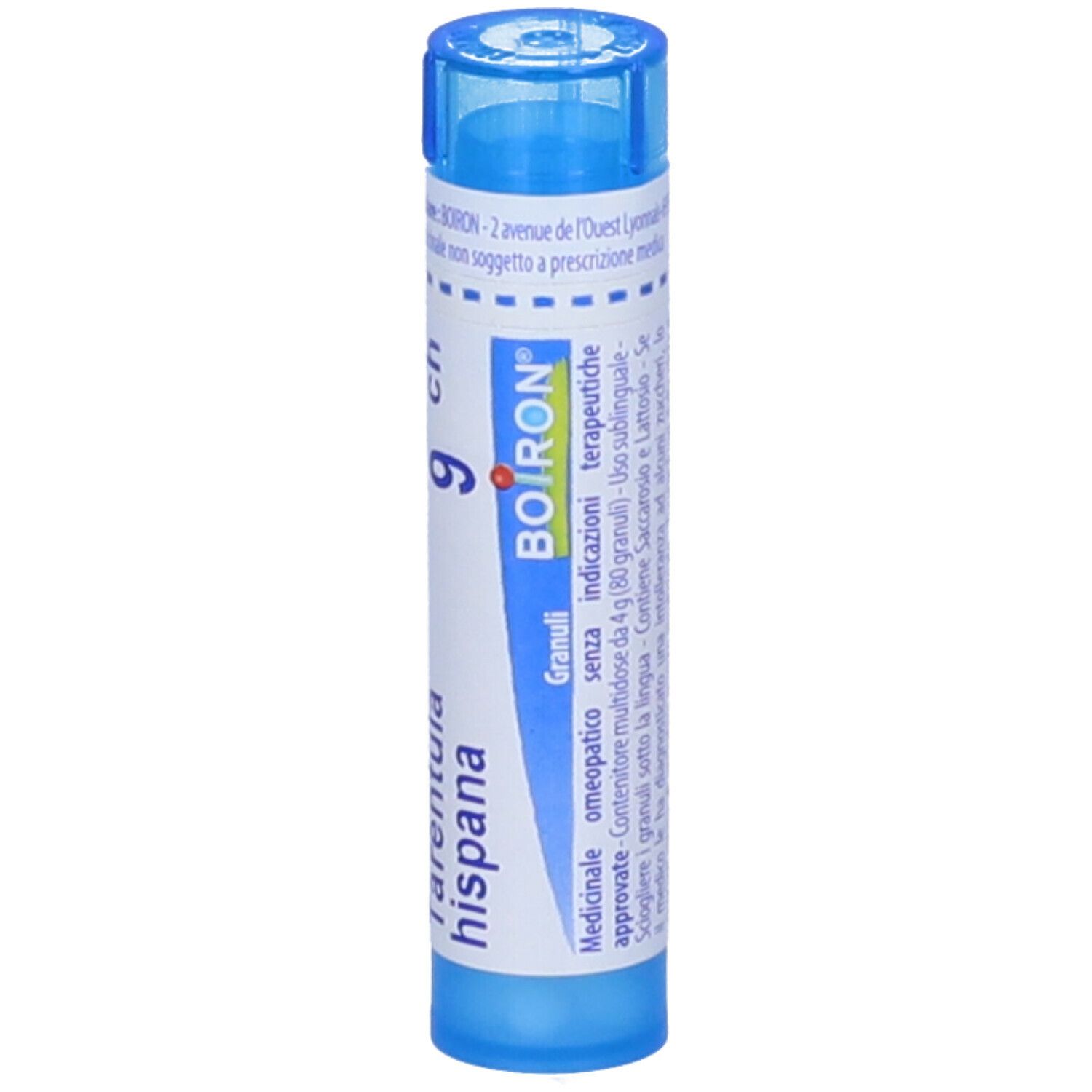 Tubo blu con etichetta bianca. Scritta "Tarentula hispana 9 ch" e logo BOIRON. Granuli.