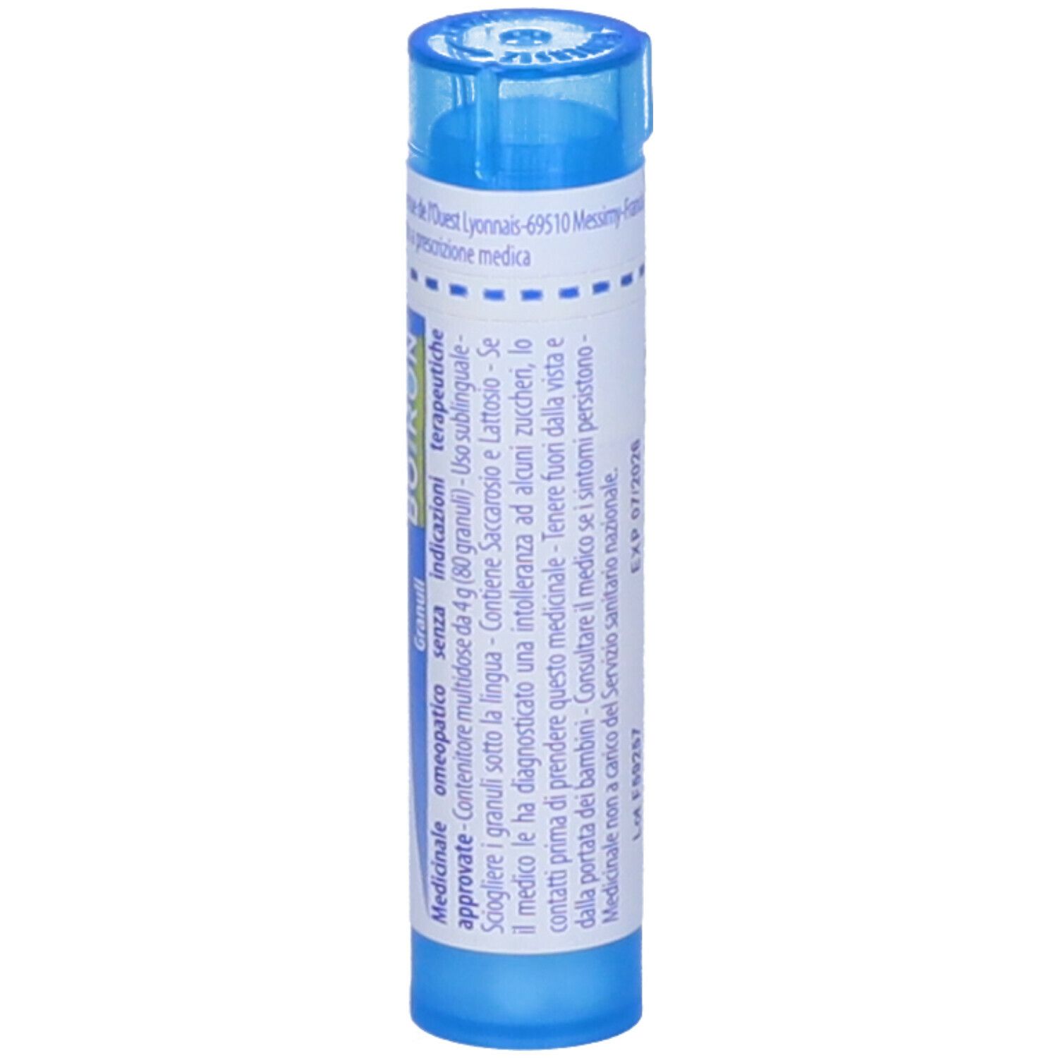 Tubo blu con etichetta bianca. Scritta "Tarentula hispana 9 ch" e logo BOIRON. Granuli.