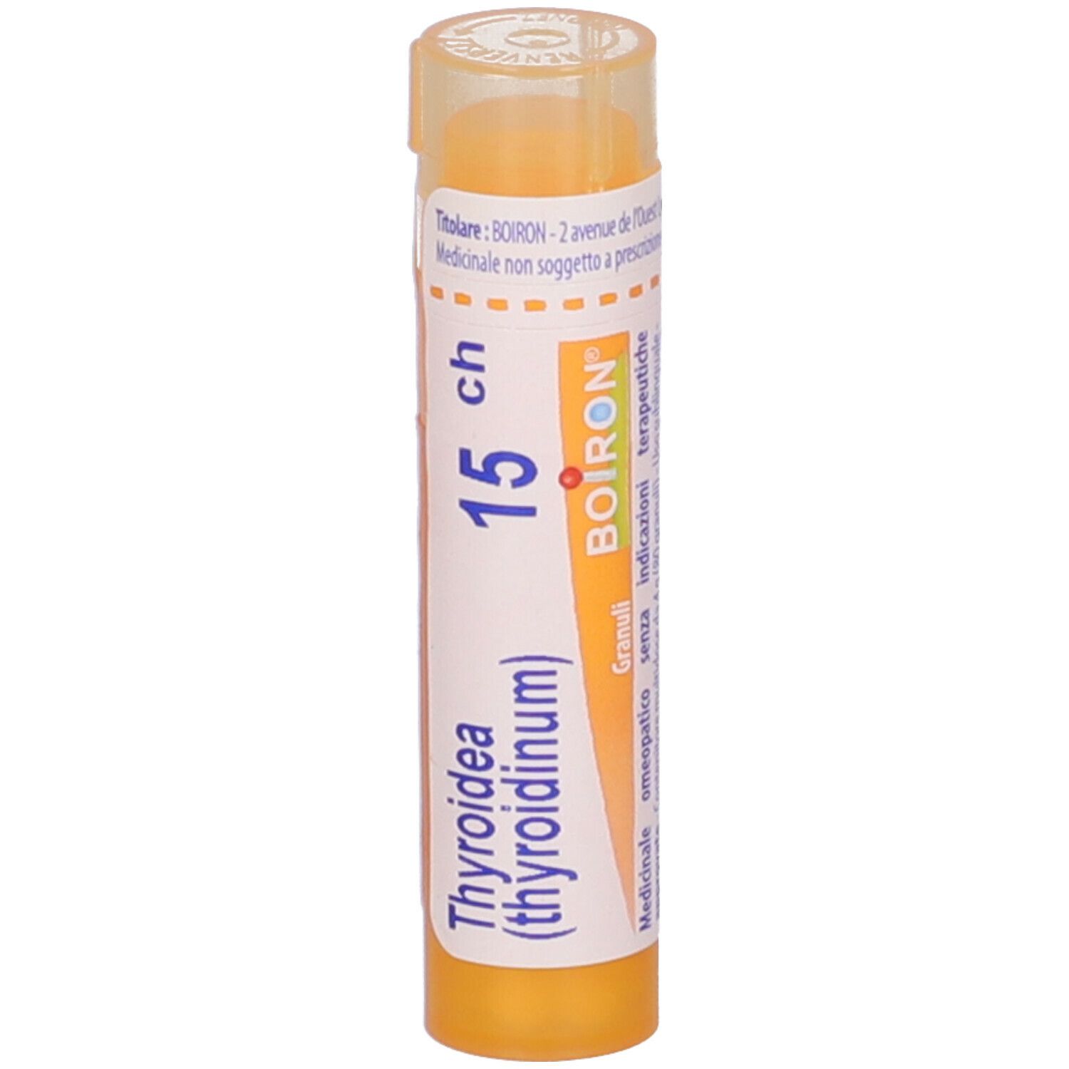 Tubo giallo con scritte bianche. Scritta: Thyroidea (thyroidinum) 15 ch, Boiron. Vista verticale.
