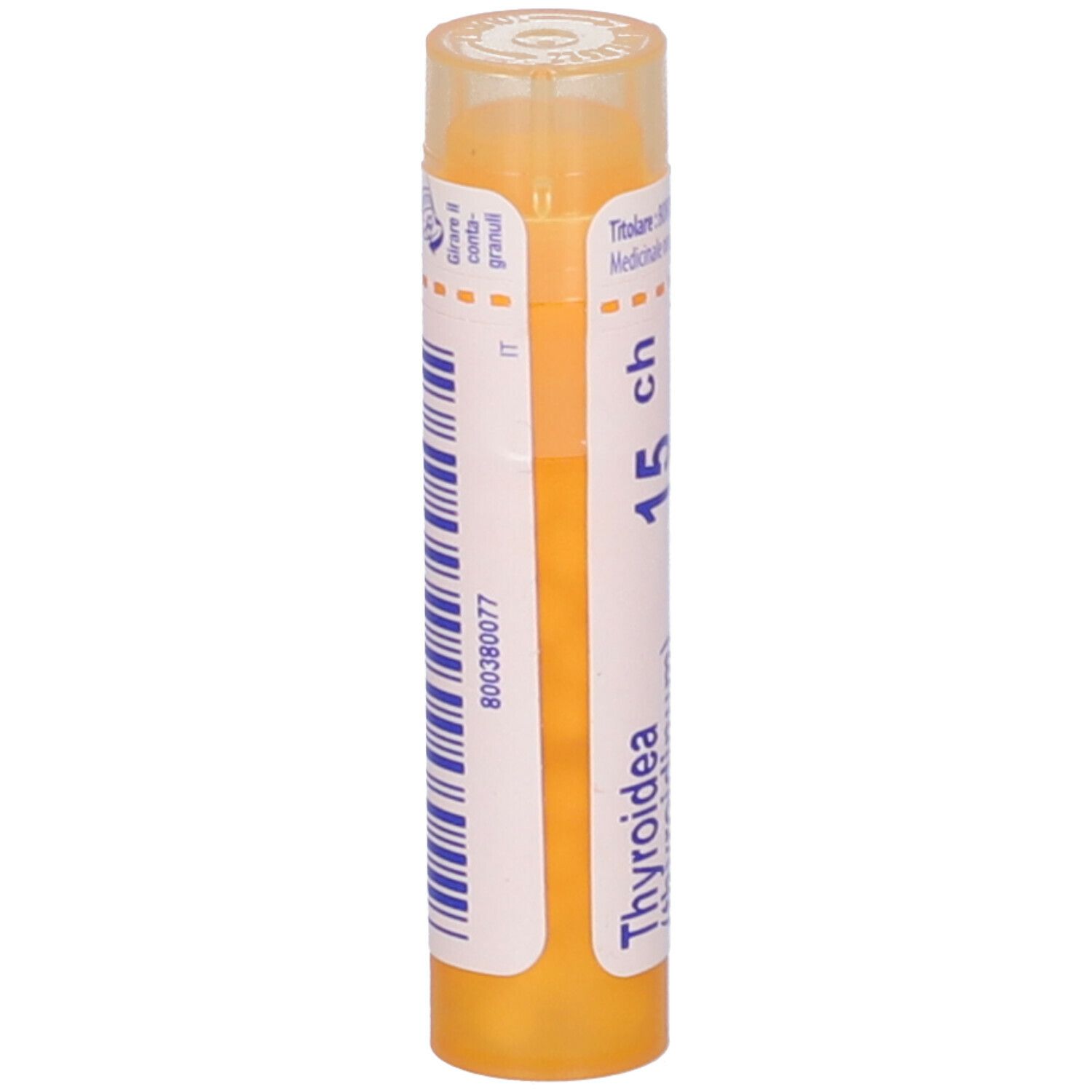 Tubo giallo con scritte bianche e codice a barre blu. Scritta: Thyroidea (thyroidinum) 15 ch.