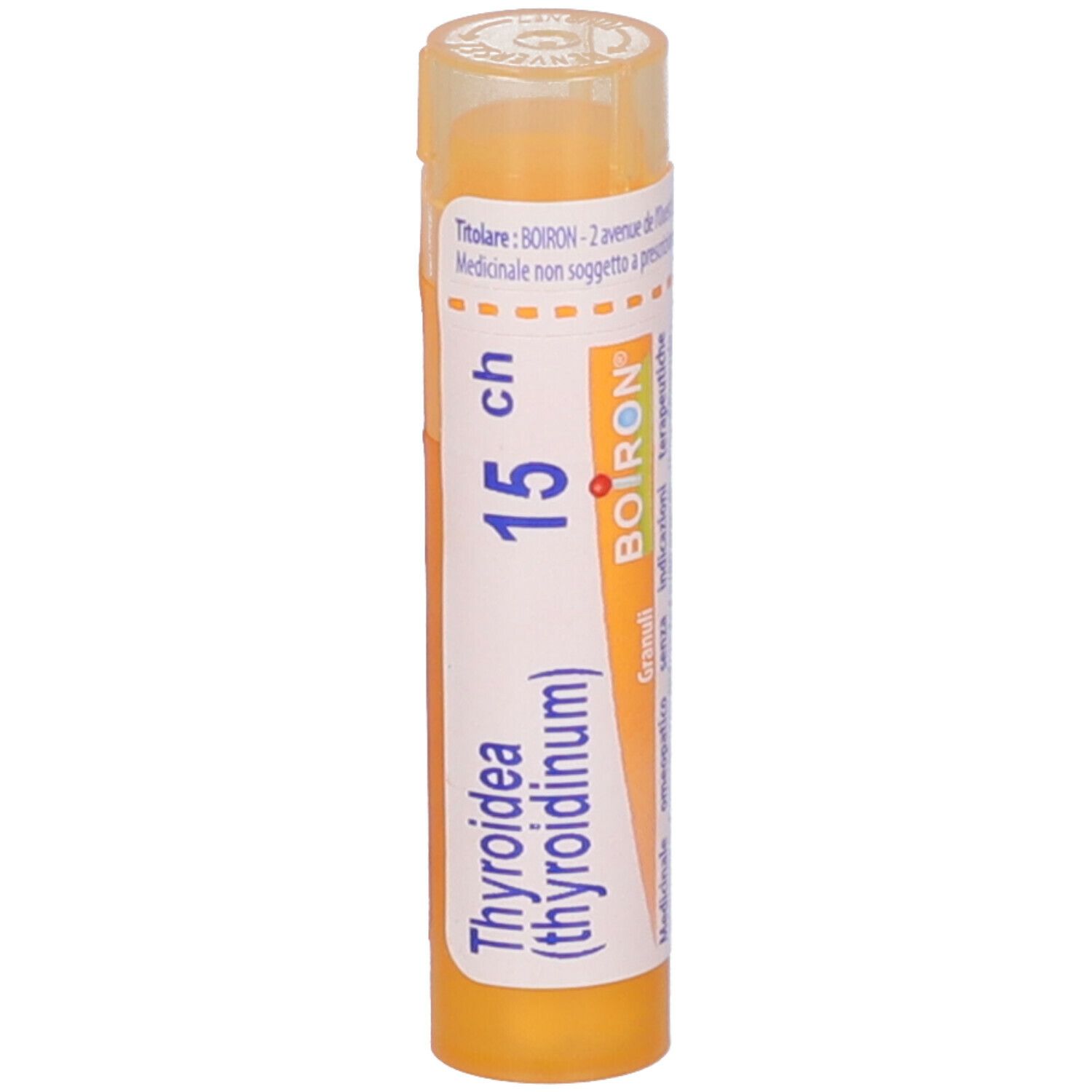 Tubo giallo con scritte bianche. Scritta: Thyroidea (thyroidinum) 15 ch, Boiron. Vista verticale.