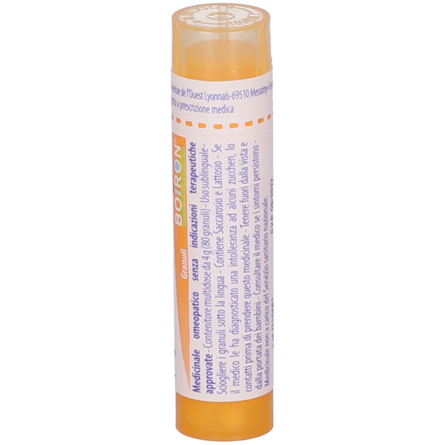 Tubo giallo con scritte bianche. Scritta: Thyroidea (thyroidinum) 15 ch, Boiron. Vista dettagliata.