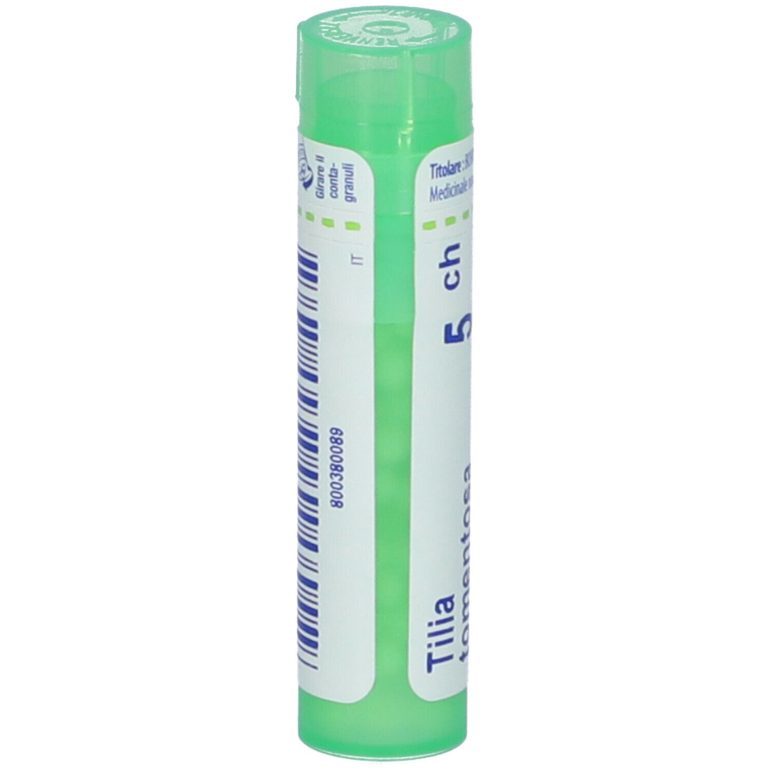 Tubetto verde con etichetta bianca. Scritta: Tilia tomentosa 5 ch. Scritta: 800380089.