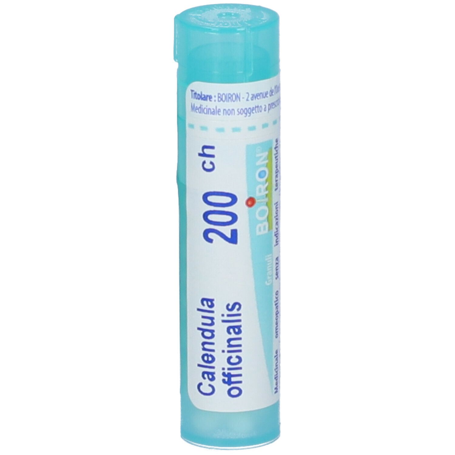 Confezione cilindrica 'Calendula officinalis 200 ch' e logo 'Boiron'. Colori turchese e bianco.