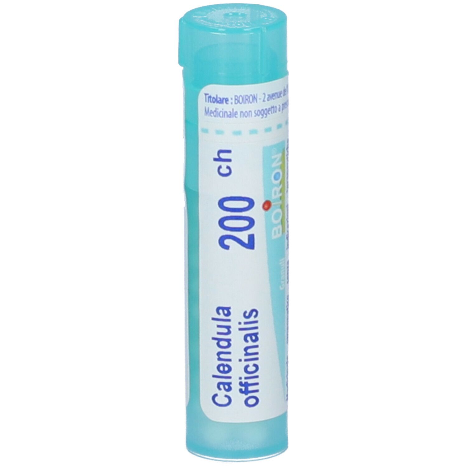 Confezione cilindrica 'Calendula officinalis 200 ch' e logo 'Boiron'. Colori turchese e bianco.