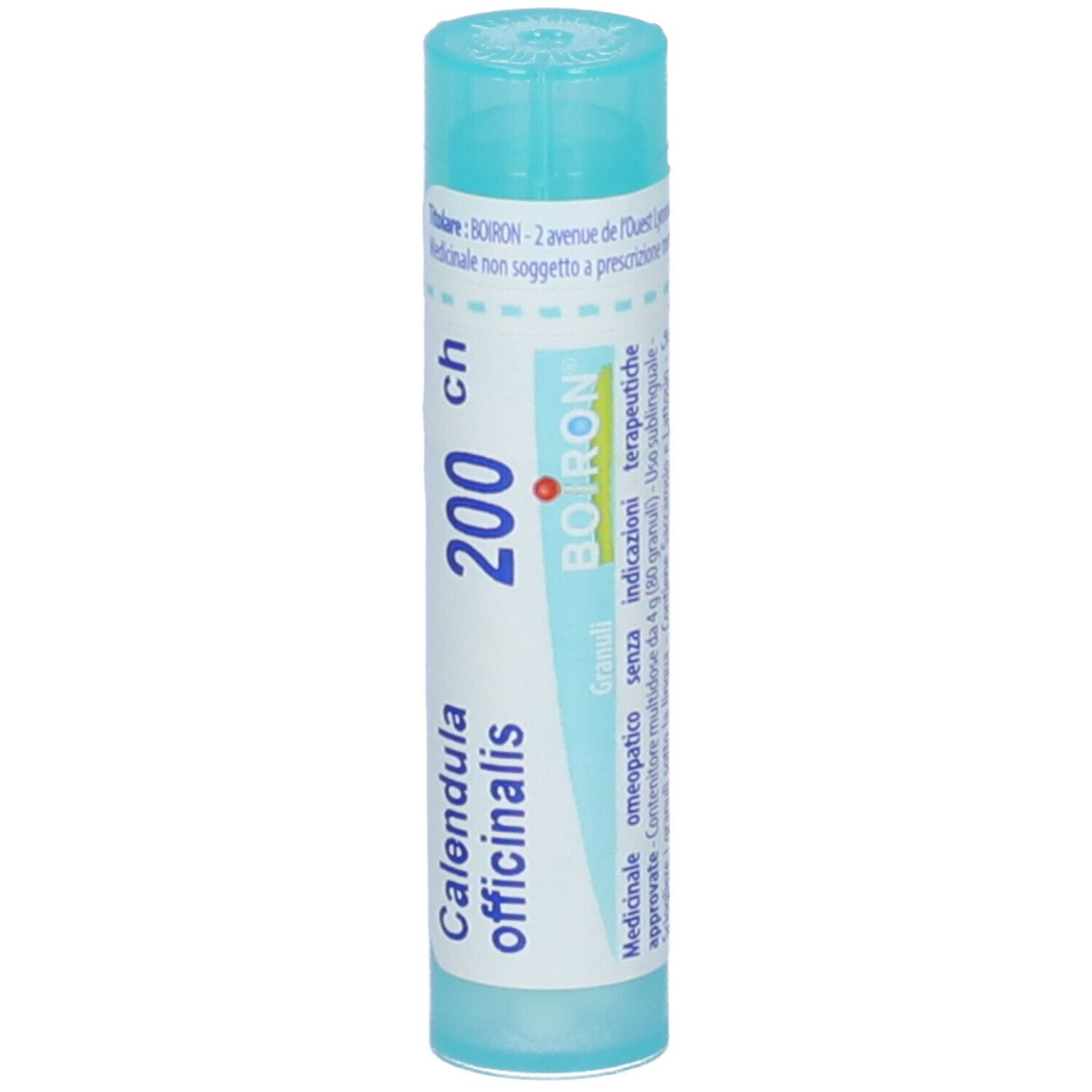 Confezione cilindrica 'Calendula officinalis 200 ch' e logo 'Boiron'. Colori turchese e bianco.