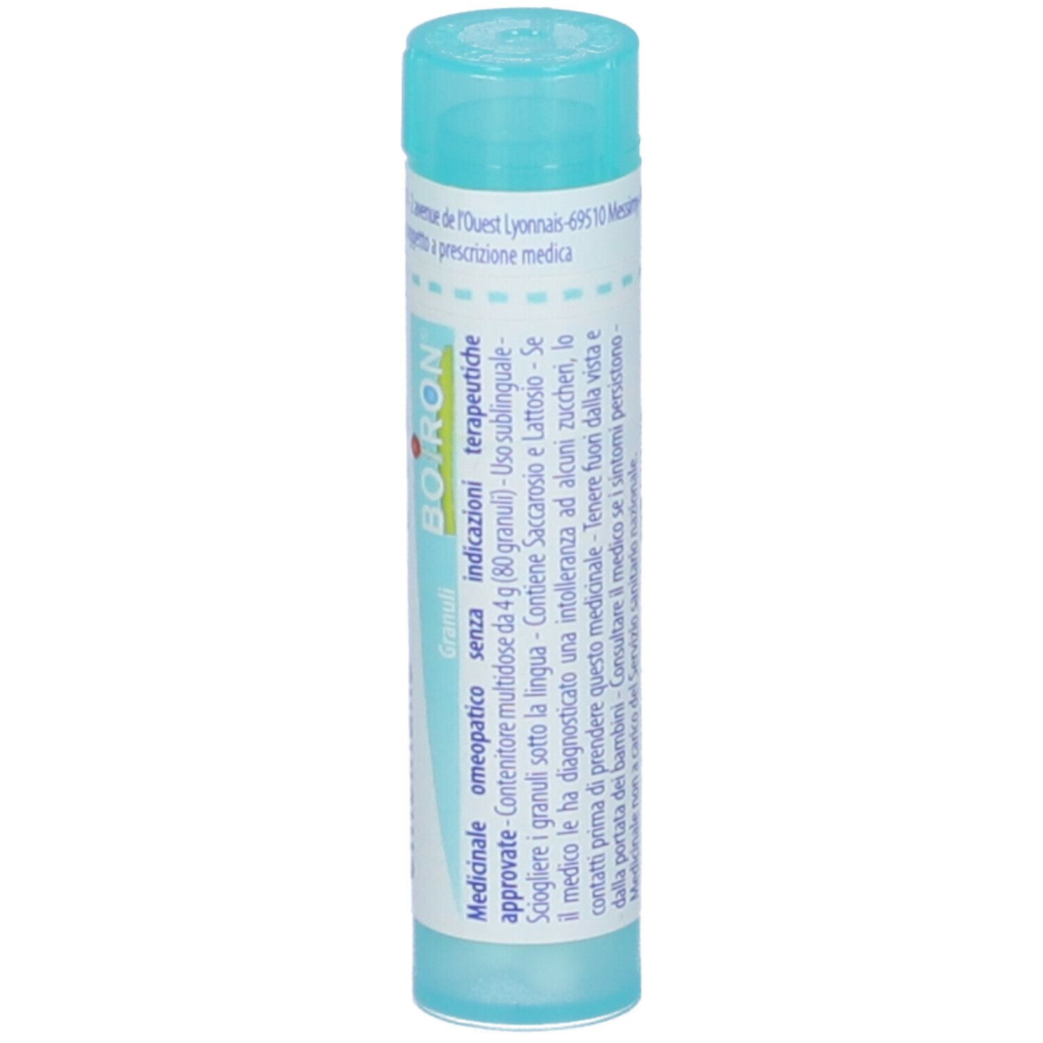 Confezione cilindrica con logo 'Boiron' e testo. Colori turchese e bianco.