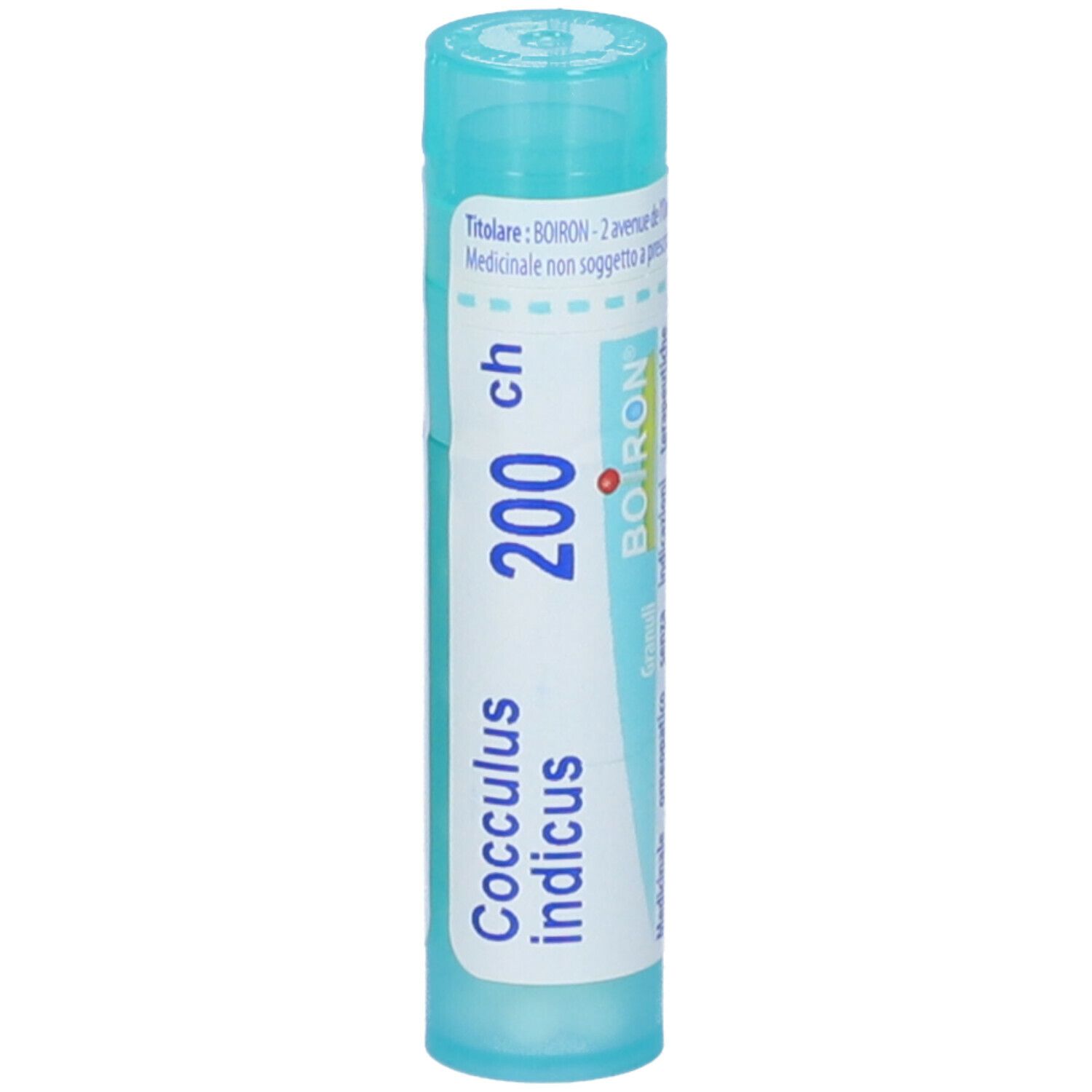 Confezione cilindrica con "Cocculus indicus 200 ch". Marchio BOIRON. Turchese e bianco. Scritte e istruzioni.
