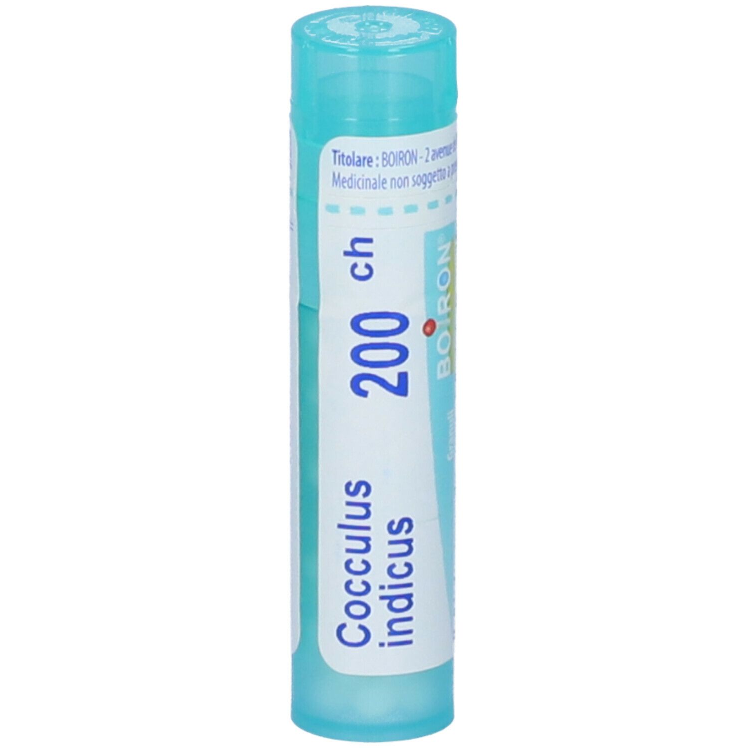 Confezione cilindrica con "Cocculus indicus 200 ch". Marchio BOIRON. Turchese e bianco. Informazioni e dosaggio.