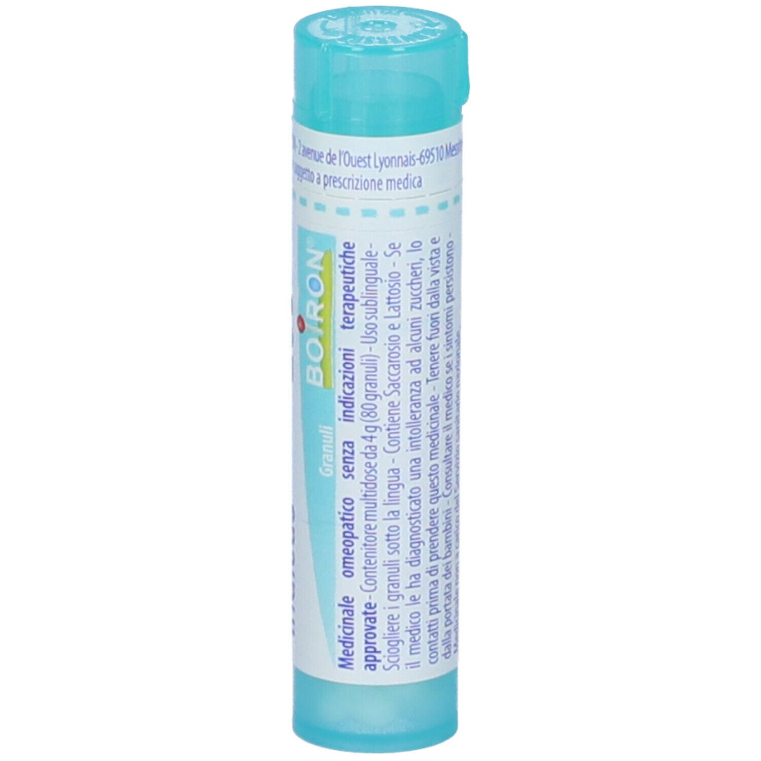 Confezione cilindrica con "Cocculus indicus 200 ch". Marchio BOIRON. Turchese e bianco. Informazioni e ingredienti.