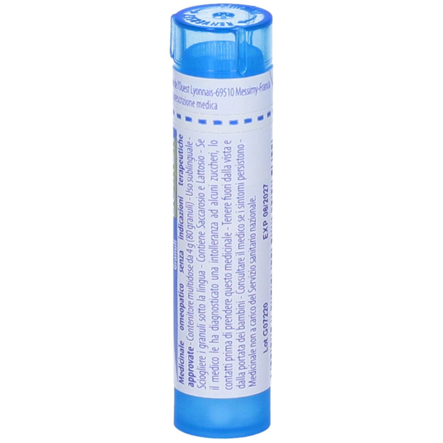 Tubo blu con Condurango 9 ch Granuli. Scritte Condurango, 9 ch. Etichetta con istruzioni per l'uso.