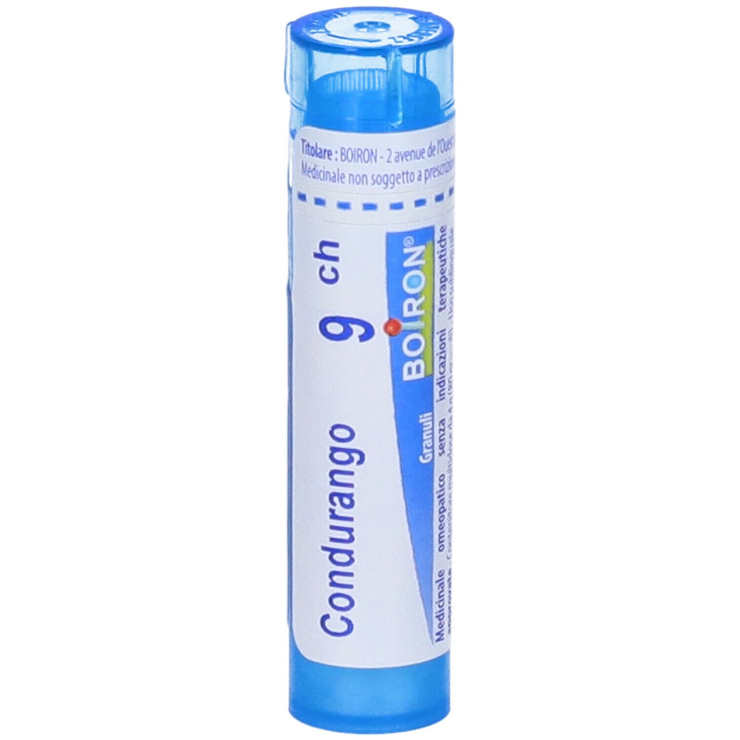 Tubo blu con Condurango 9 ch Granuli. Scritte Condurango, 9 ch e logo Boiron. Vista verticale.