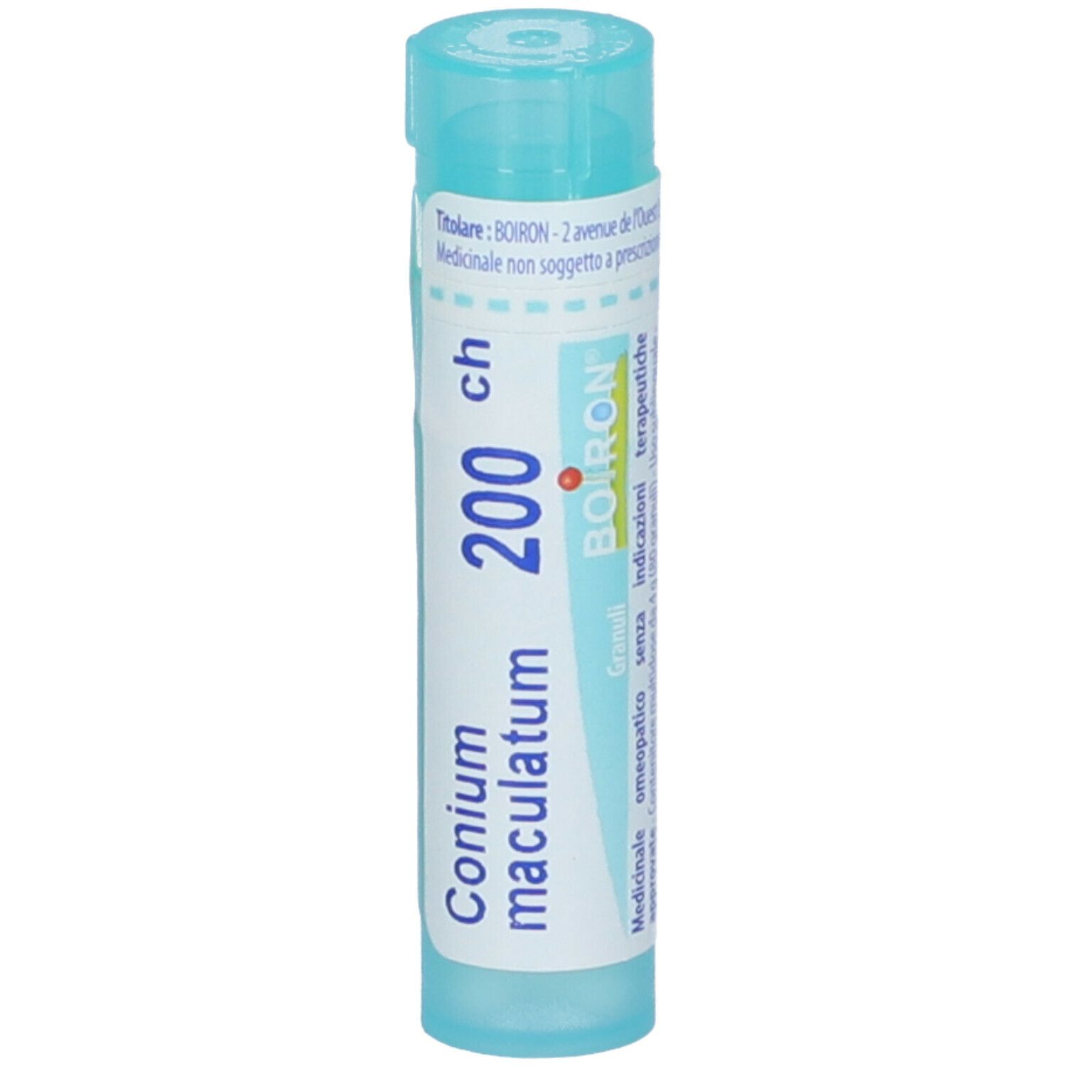 Confezione cilindrica blu. Scritta: Conium maculatum 200 ch, BOIRON. Indicazione: Medicinale non soggetto a prescrizione.