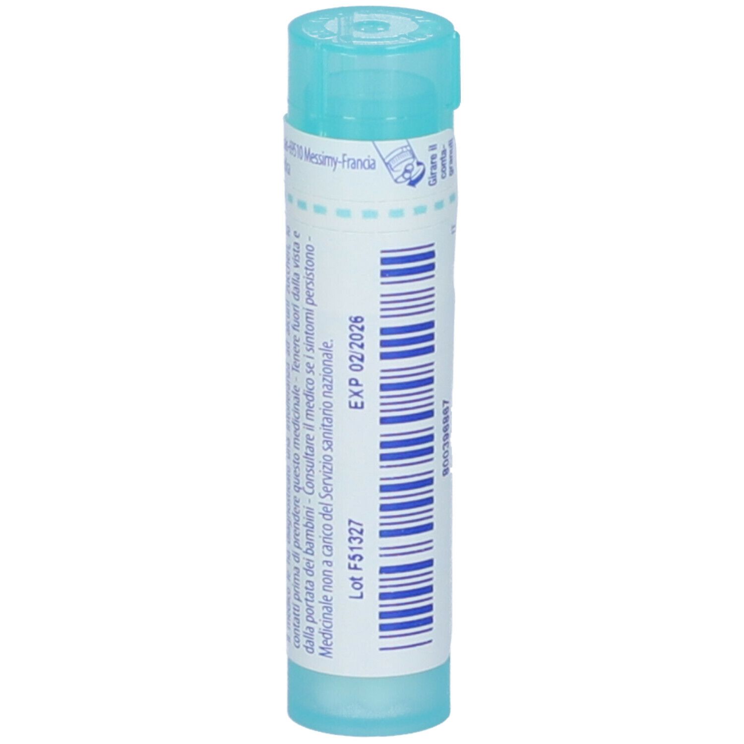 Confezione cilindrica blu. Scritta: Conium maculatum 200 ch, BOIRON. Con data di scadenza 02/2026.