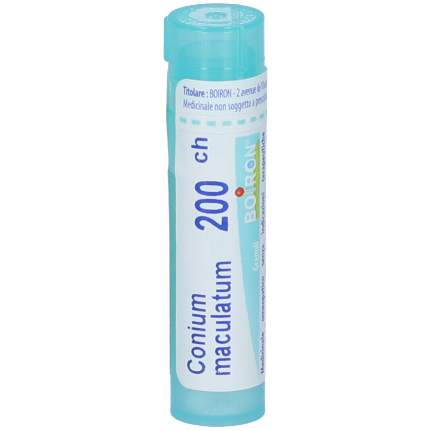 Confezione cilindrica blu. Scritta: Conium maculatum 200 ch, BOIRON. Con ulteriori informazioni.