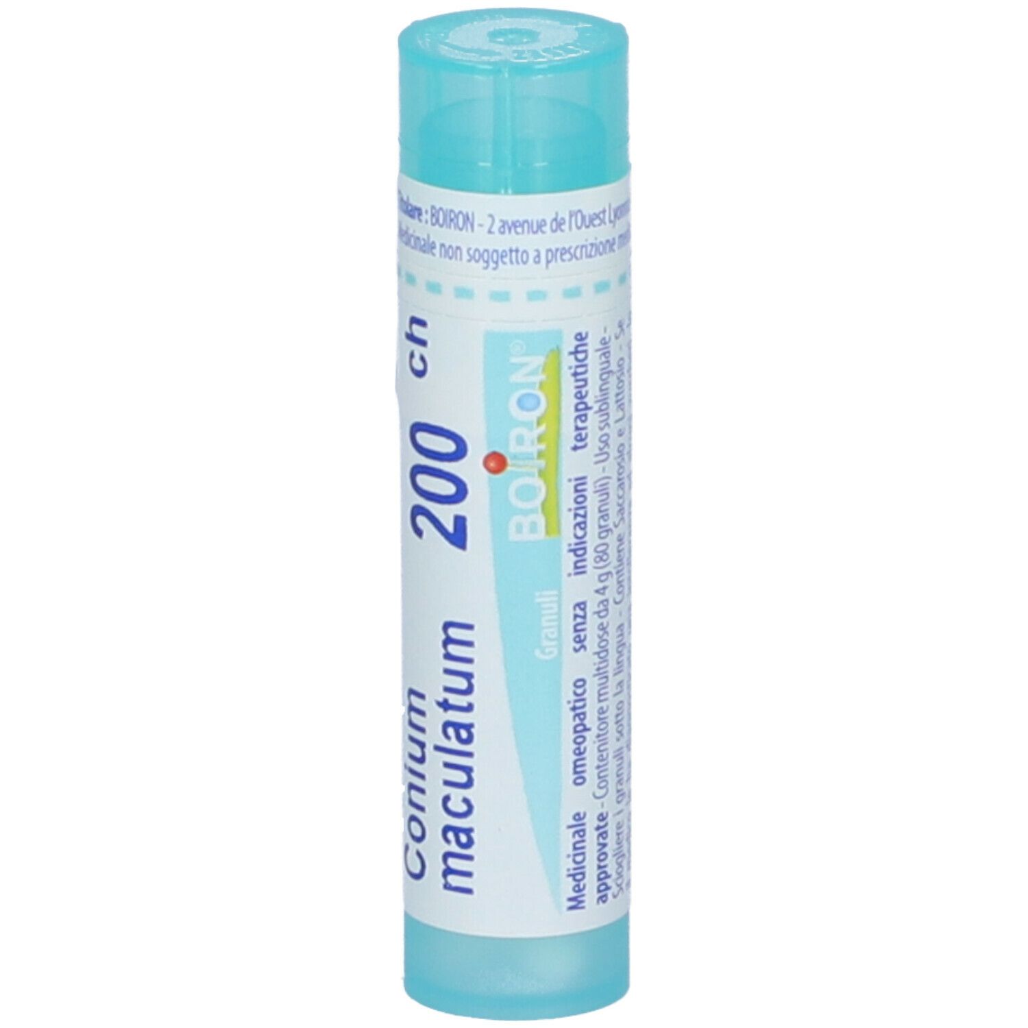 Confezione cilindrica blu. Scritta: Conium maculatum 200 ch, BOIRON. Con ulteriori informazioni.
