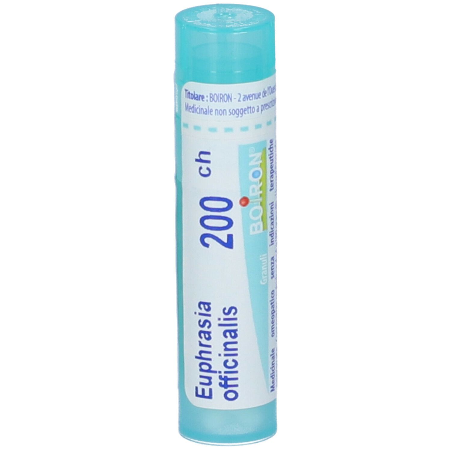 Confezione cilindrica blu. Scritta: Euphrasia officinalis 200 ch. Marchio Boiron. Contiene granuli.