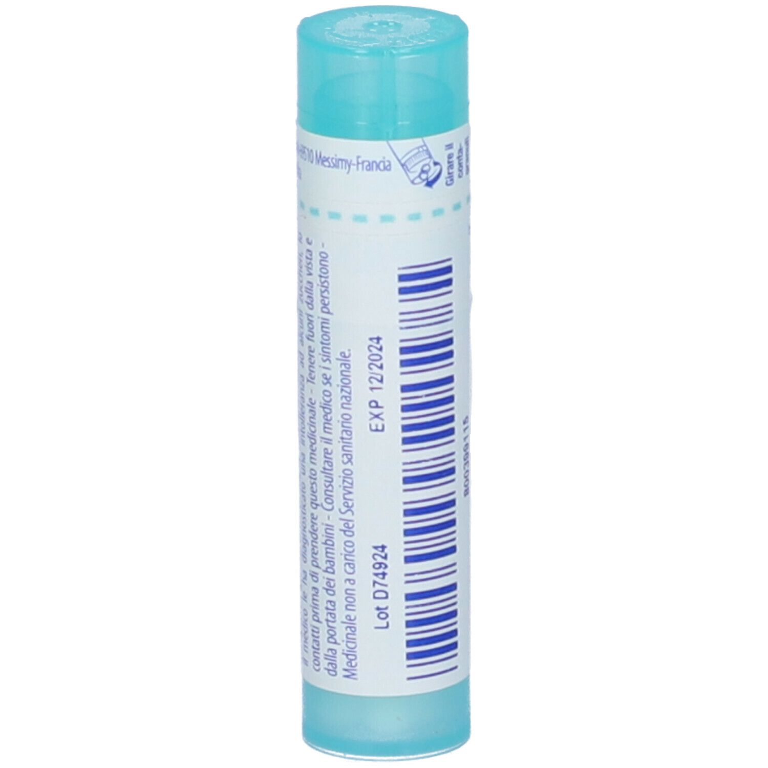 Confezione cilindrica blu. Retro con testo e data di scadenza. Marchio Boiron. Contiene granuli.