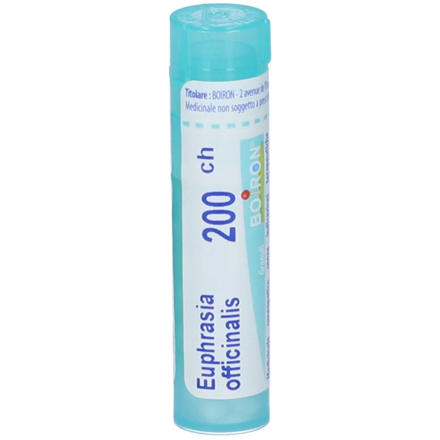 Confezione cilindrica blu. Scritta: Euphrasia officinalis 200 ch. Marchio Boiron. Contiene granuli.