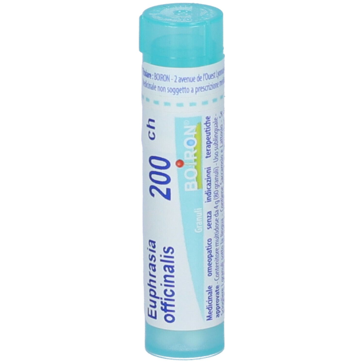 Confezione cilindrica blu. Scritta: Euphrasia officinalis 200 ch. Marchio Boiron. Contiene granuli.
