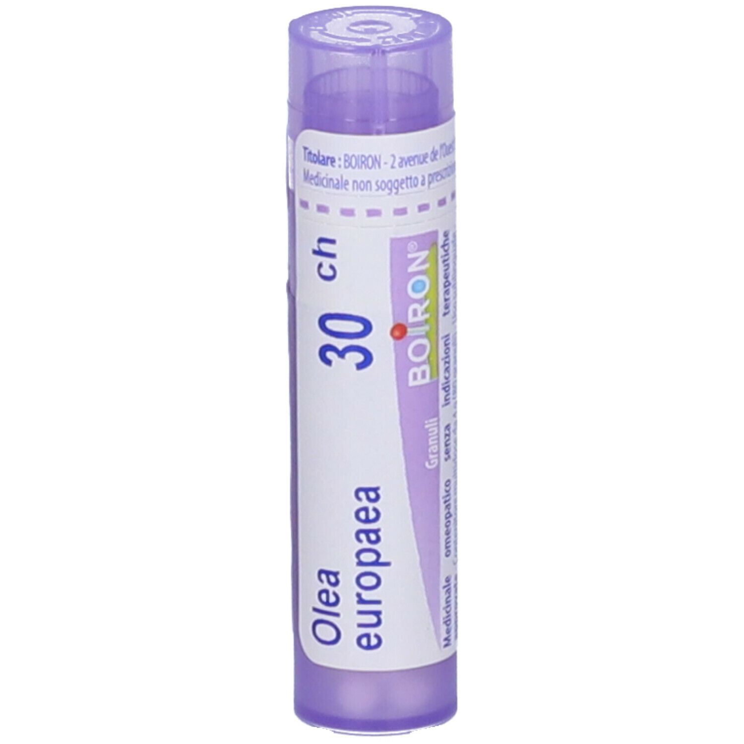 Confezione cilindrica viola. Scritte: Olea europaea, 30 ch, BOIRON.