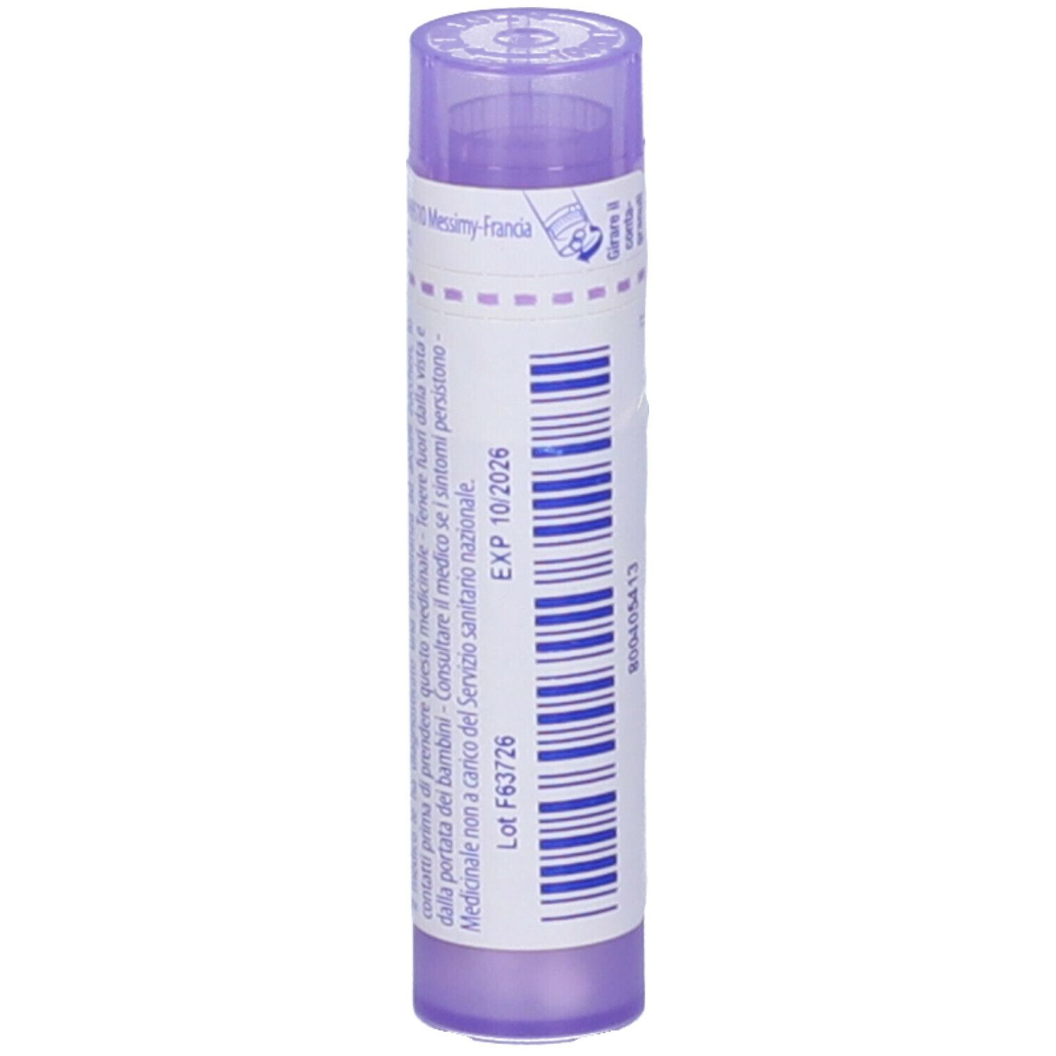 Confezione cilindrica viola. Etichetta con testo, numero di lotto e data di scadenza.
