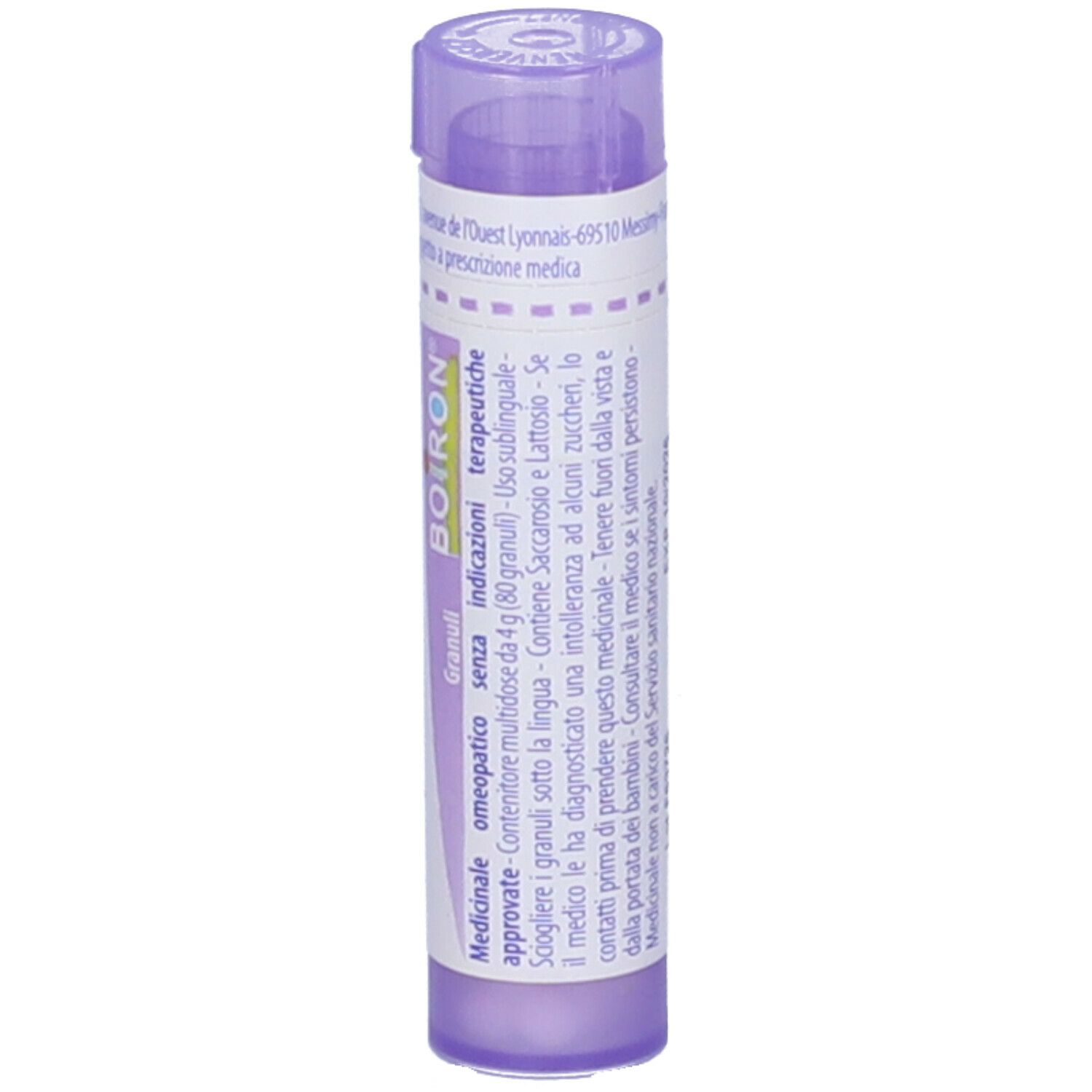 Confezione cilindrica viola. Scritte: BOIRON, indicazioni, terapeutiche.