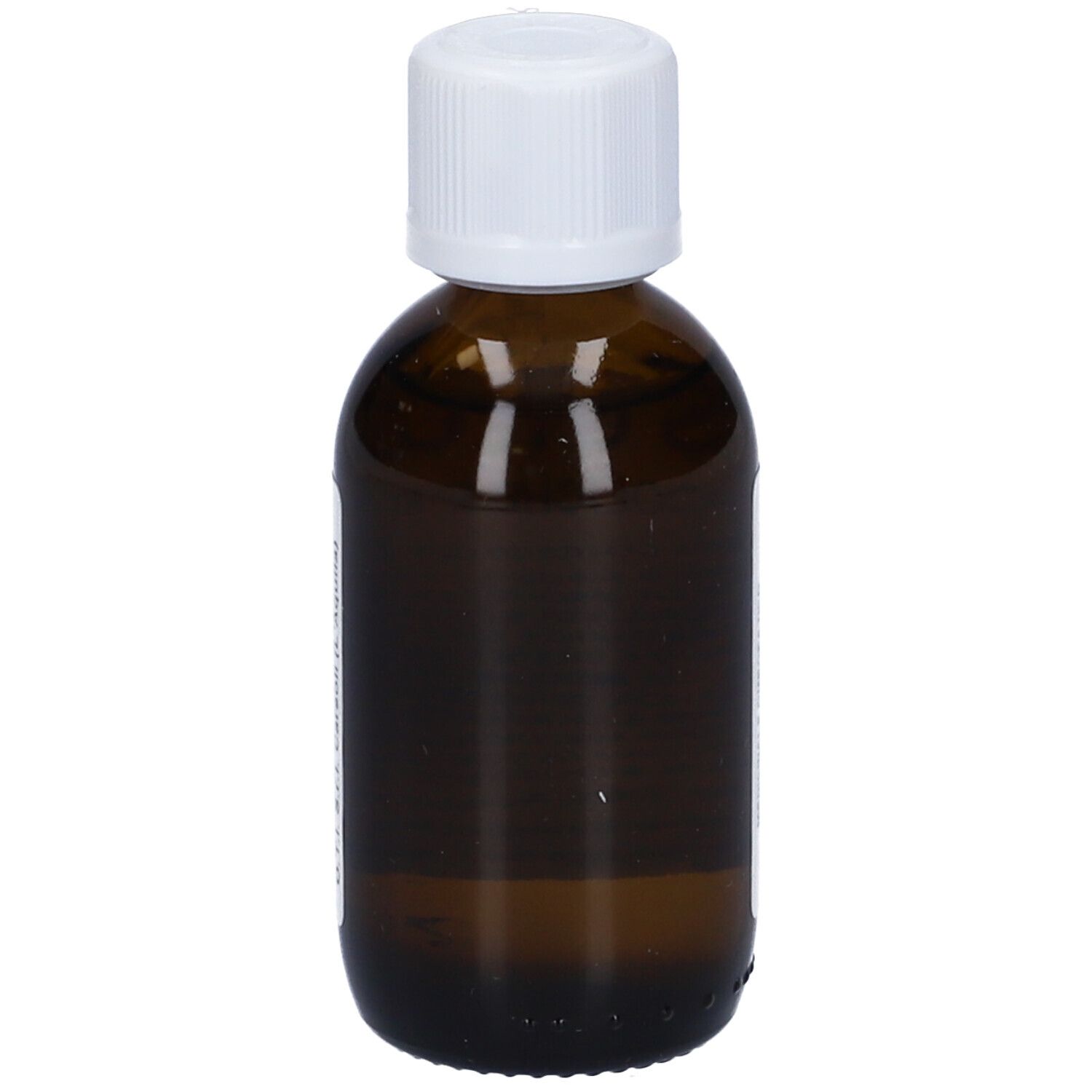 Flacone di vetro marrone con tappo bianco. Nessuna etichetta visibile. Contiene un liquido.