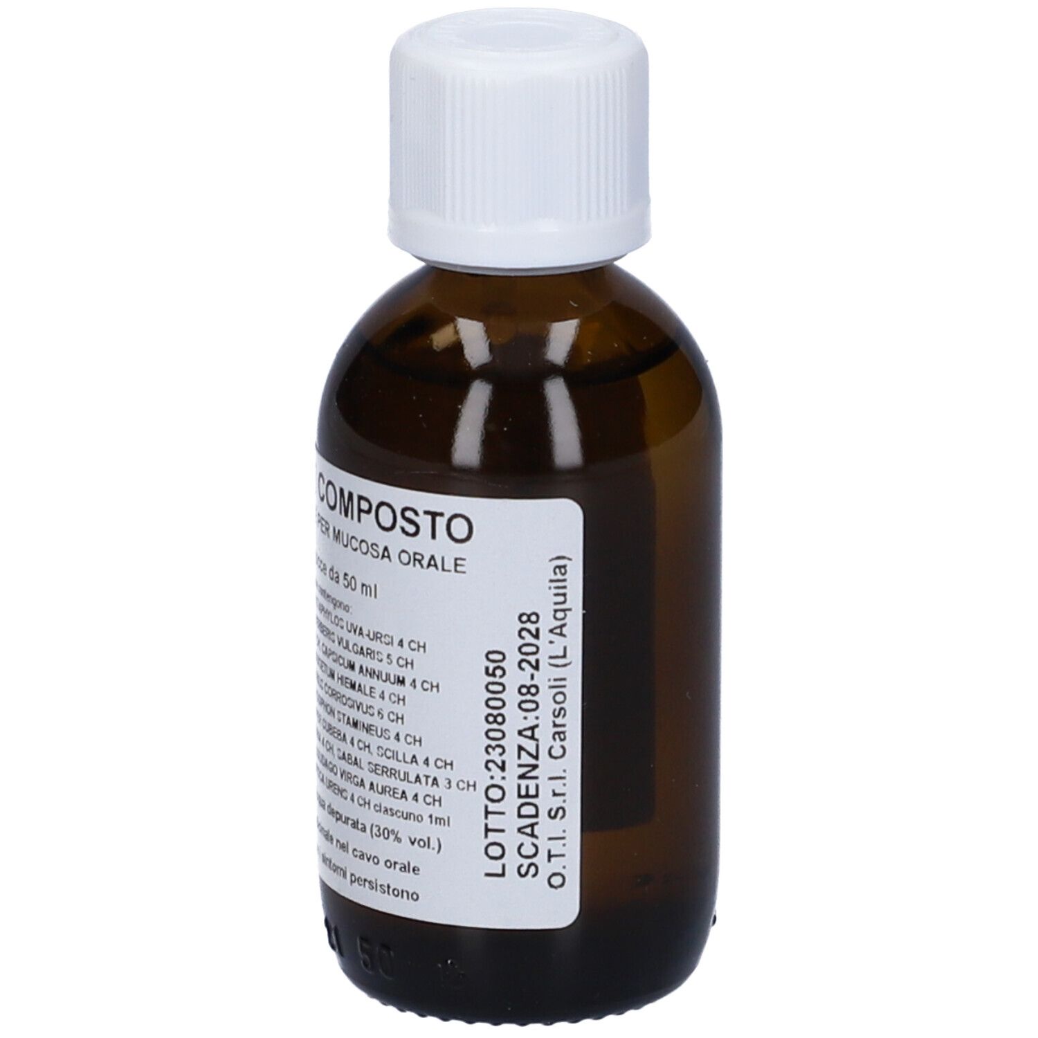 Flacone di vetro marrone con tappo bianco. Etichetta con testo. Contiene ingredienti, numero di lotto e scadenza.
