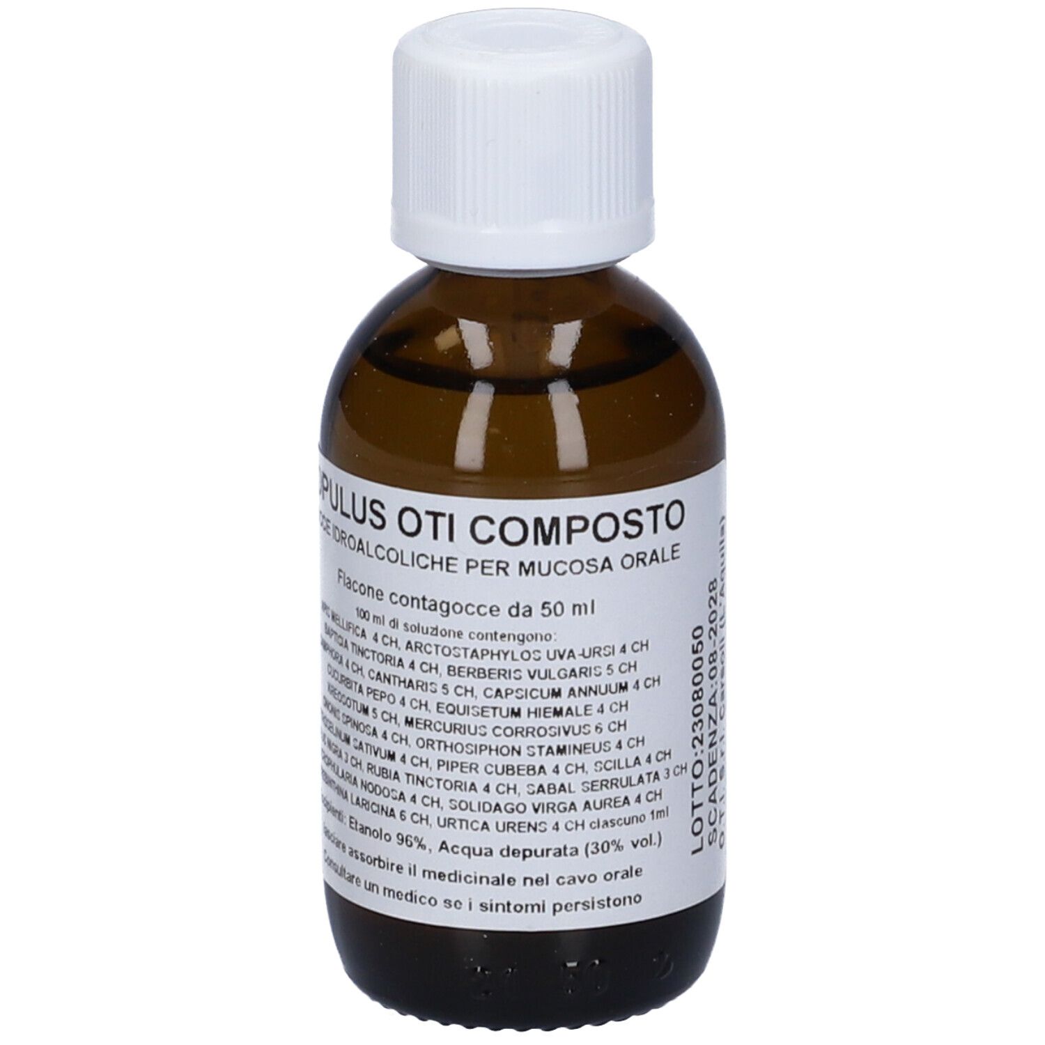 Flacone di vetro marrone con tappo bianco. Etichetta: Populus Oti Composto, Gocce Idroalcoliche. Contiene ingredienti e dosaggio.