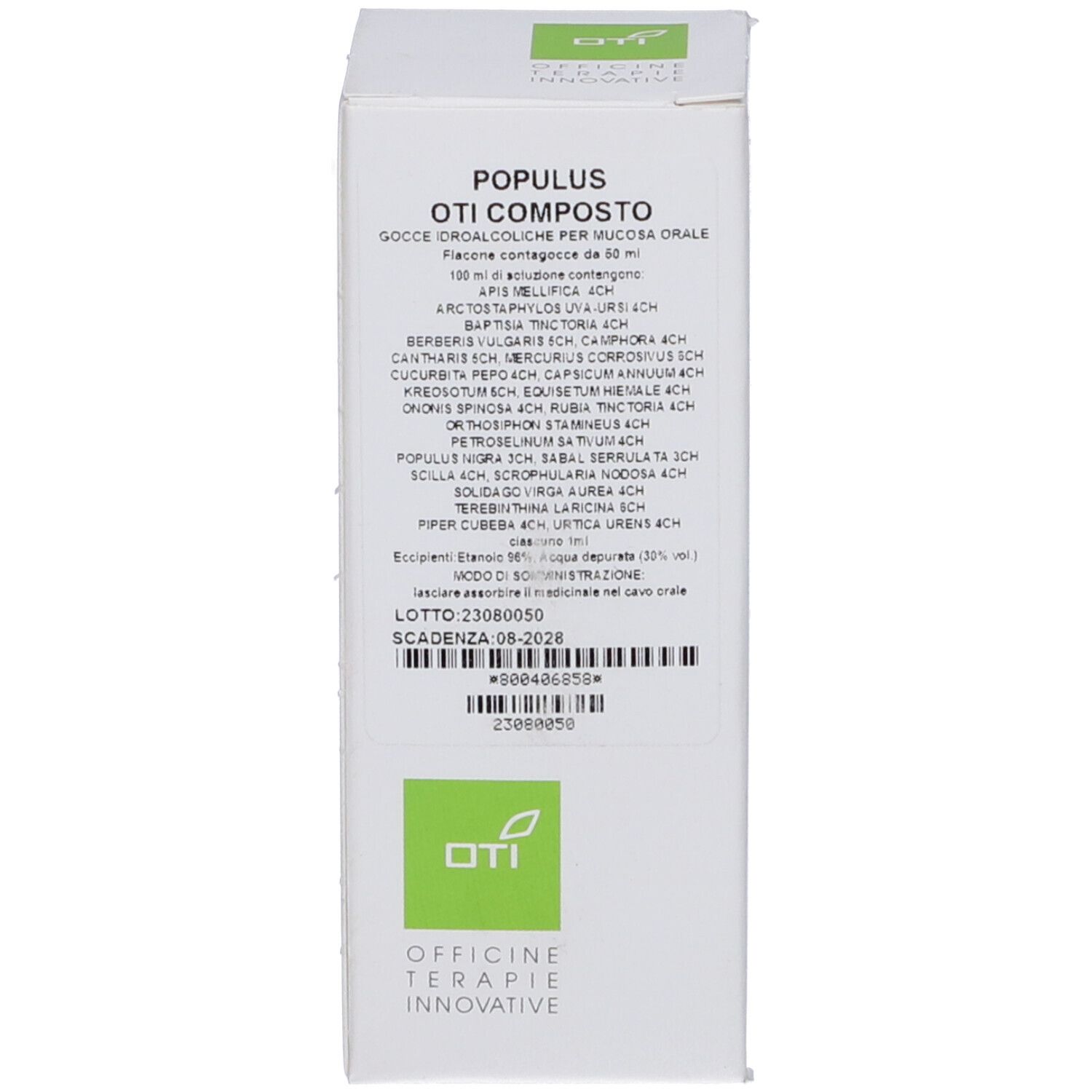 Confezione. Scatola con testo. Etichetta: Populus Oti Composto, ingredienti, numero di lotto e scadenza.