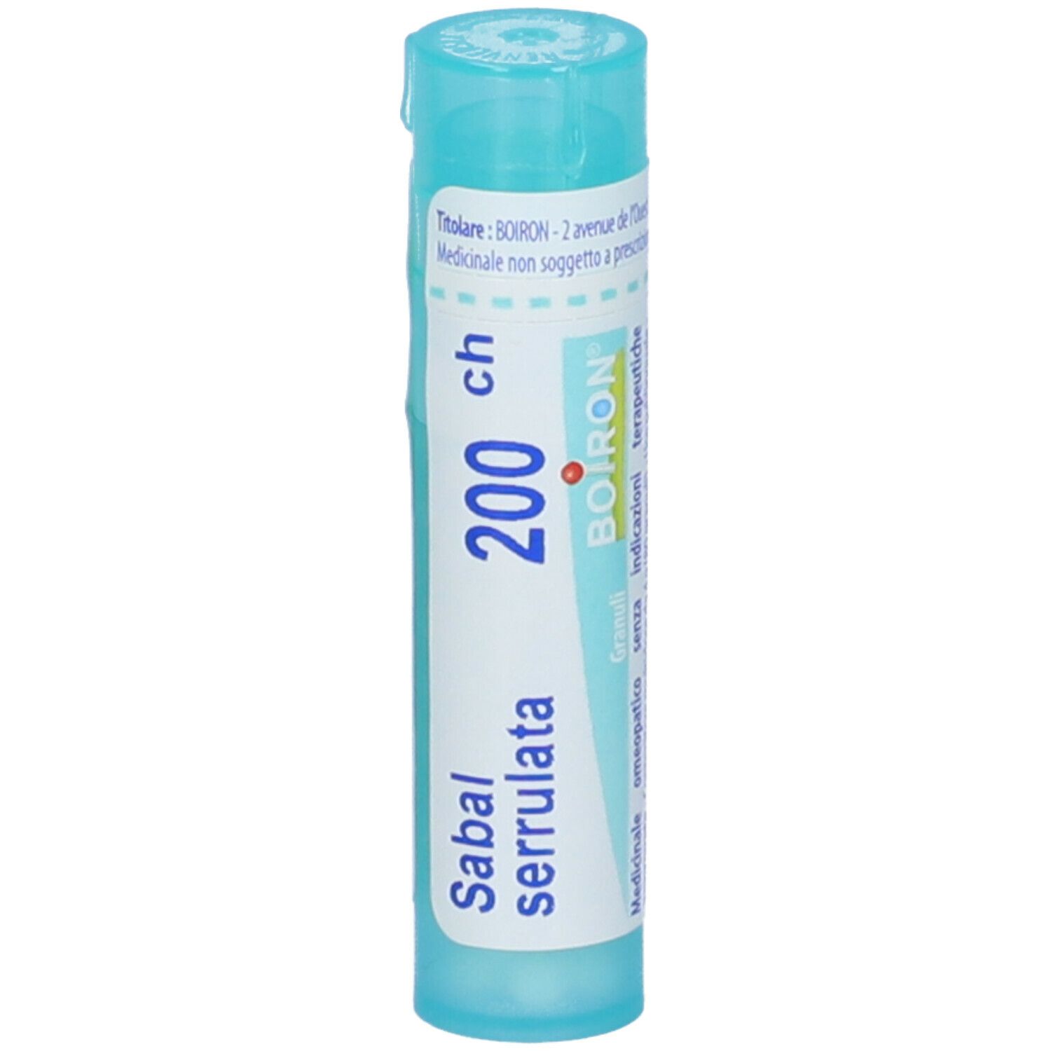 Tubo cilindrico azzurro con Sabal serrulata 200 ch. Marchio BOIRON. Testo bianco sulla confezione.