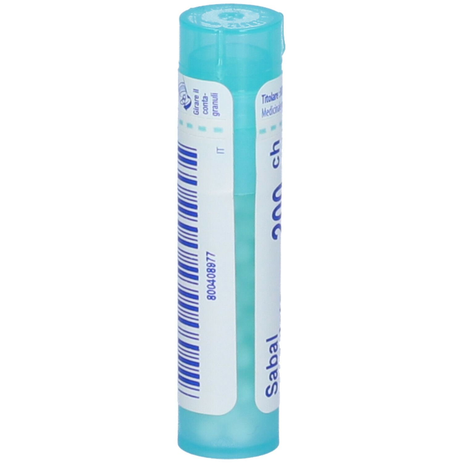 Tubo cilindrico azzurro con Sabal serrulata 200 ch. Adesivo con codice a barre e informazioni.
