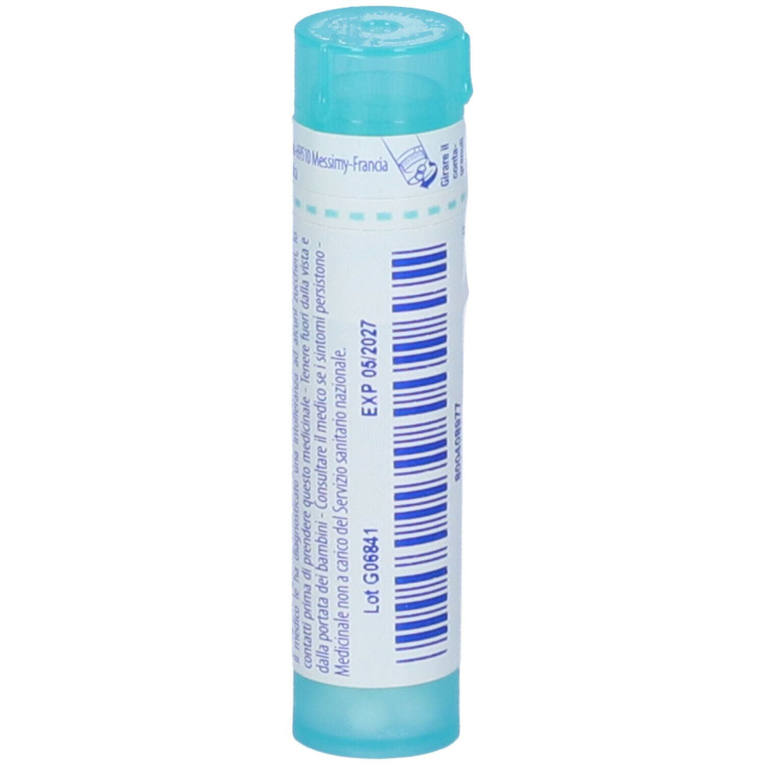 Tubo cilindrico azzurro con Sabal serrulata 200 ch. Adesivo con data di scadenza e lotto.
