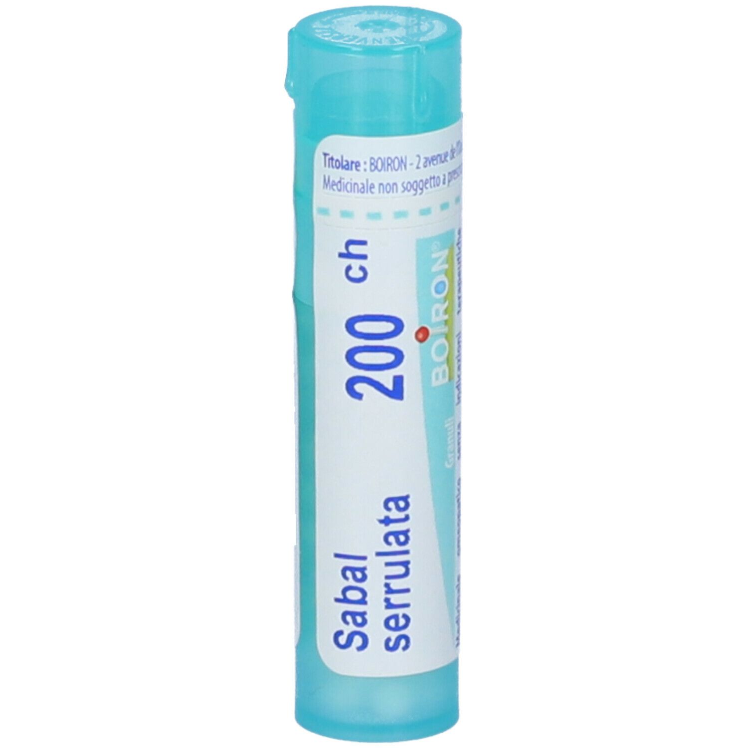 Tubo cilindrico azzurro con Sabal serrulata 200 ch. Marchio BOIRON. Testo bianco sulla confezione.