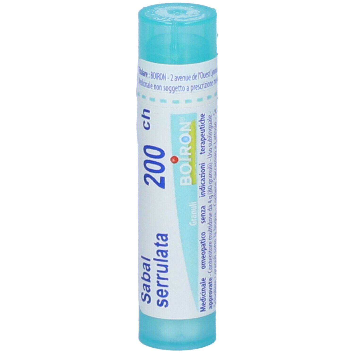 Tubo cilindrico azzurro con Sabal serrulata 200 ch. Marchio BOIRON. Testo bianco con informazioni.