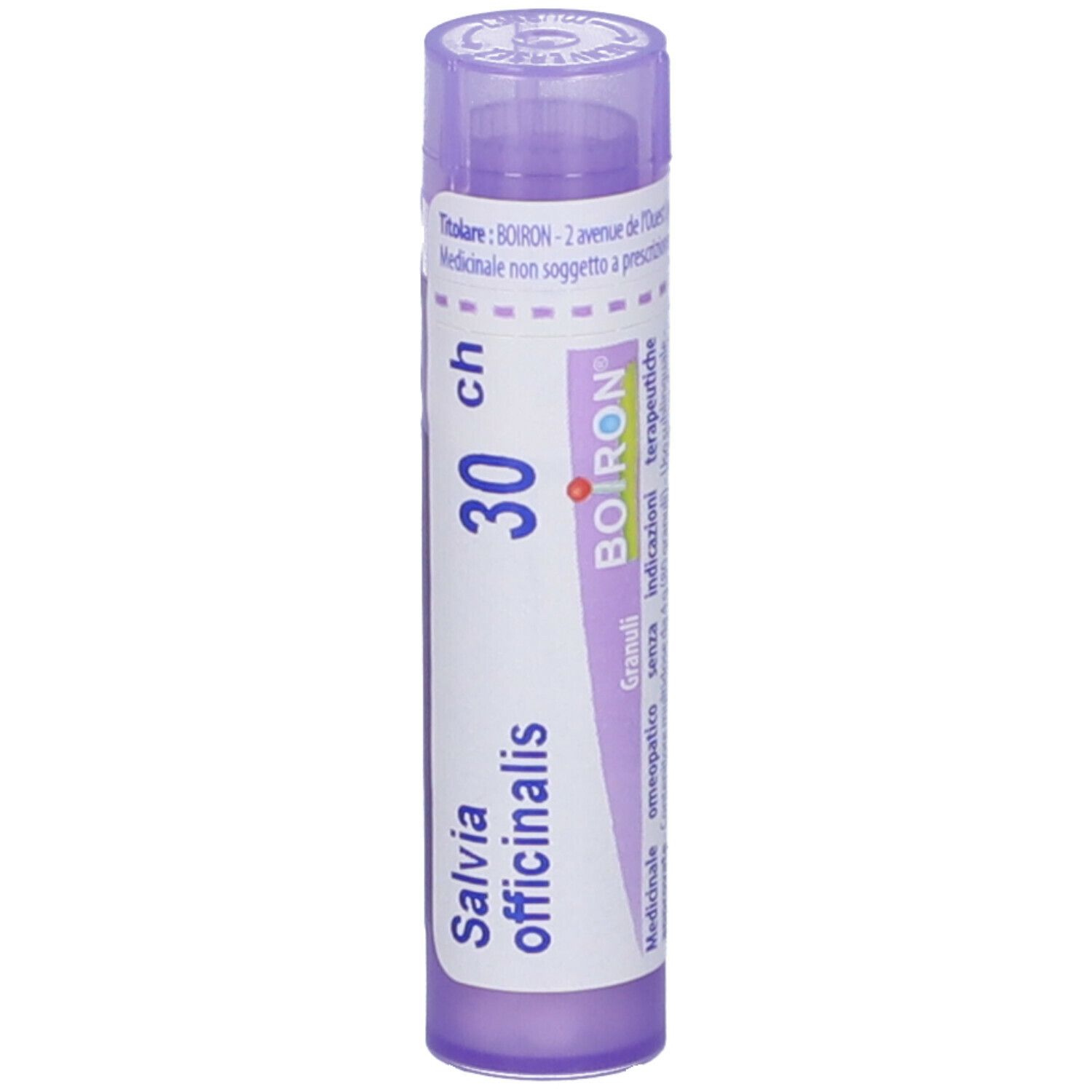 Confezione cilindrica viola con etichetta bianca. Scritta: Salvia officinalis, 30 ch, BOIRON.