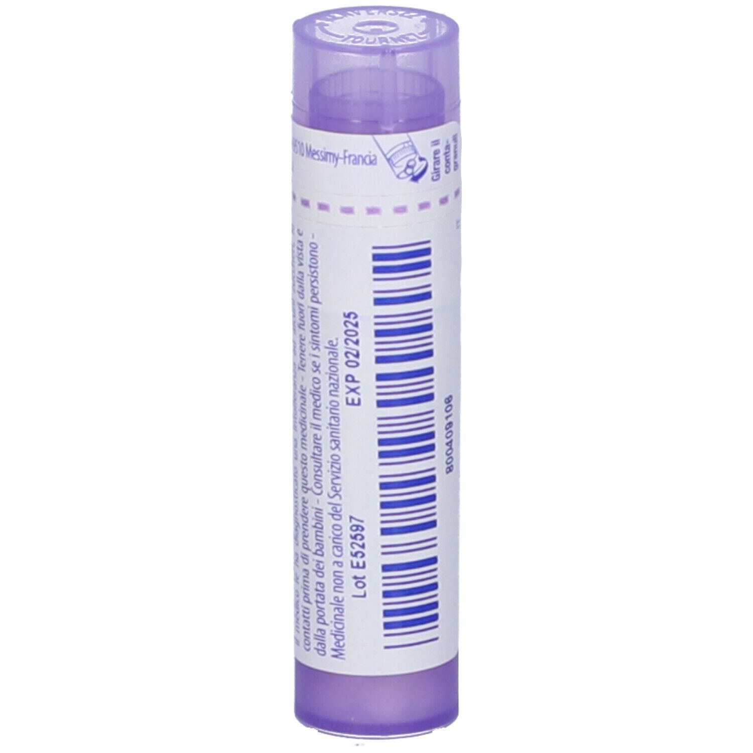 Confezione cilindrica viola con etichetta bianca. Scritta: EXP 02/2025, Lot E52597. Ulteriori informazioni testuali.