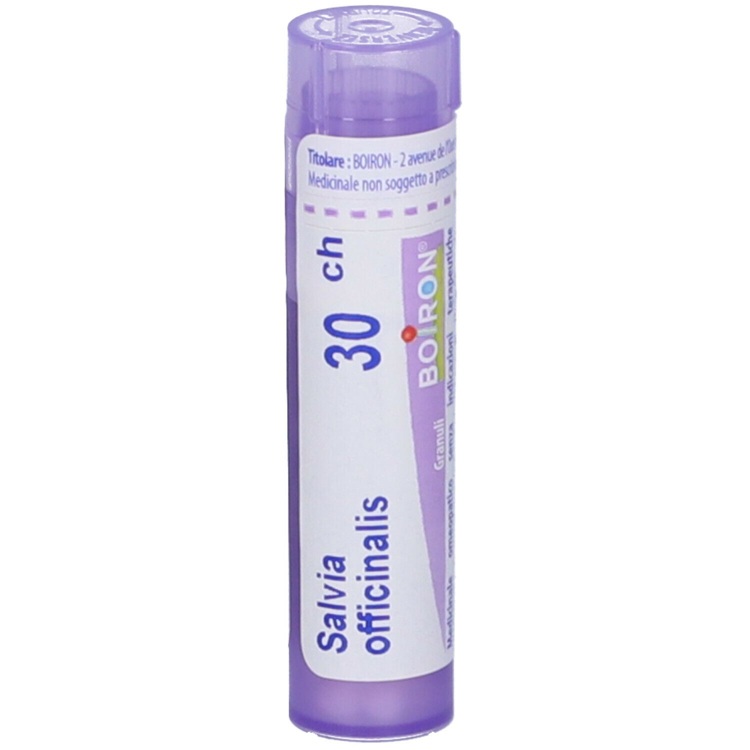 Confezione cilindrica viola con etichetta bianca. Scritta: Salvia officinalis, 30 ch, BOIRON.