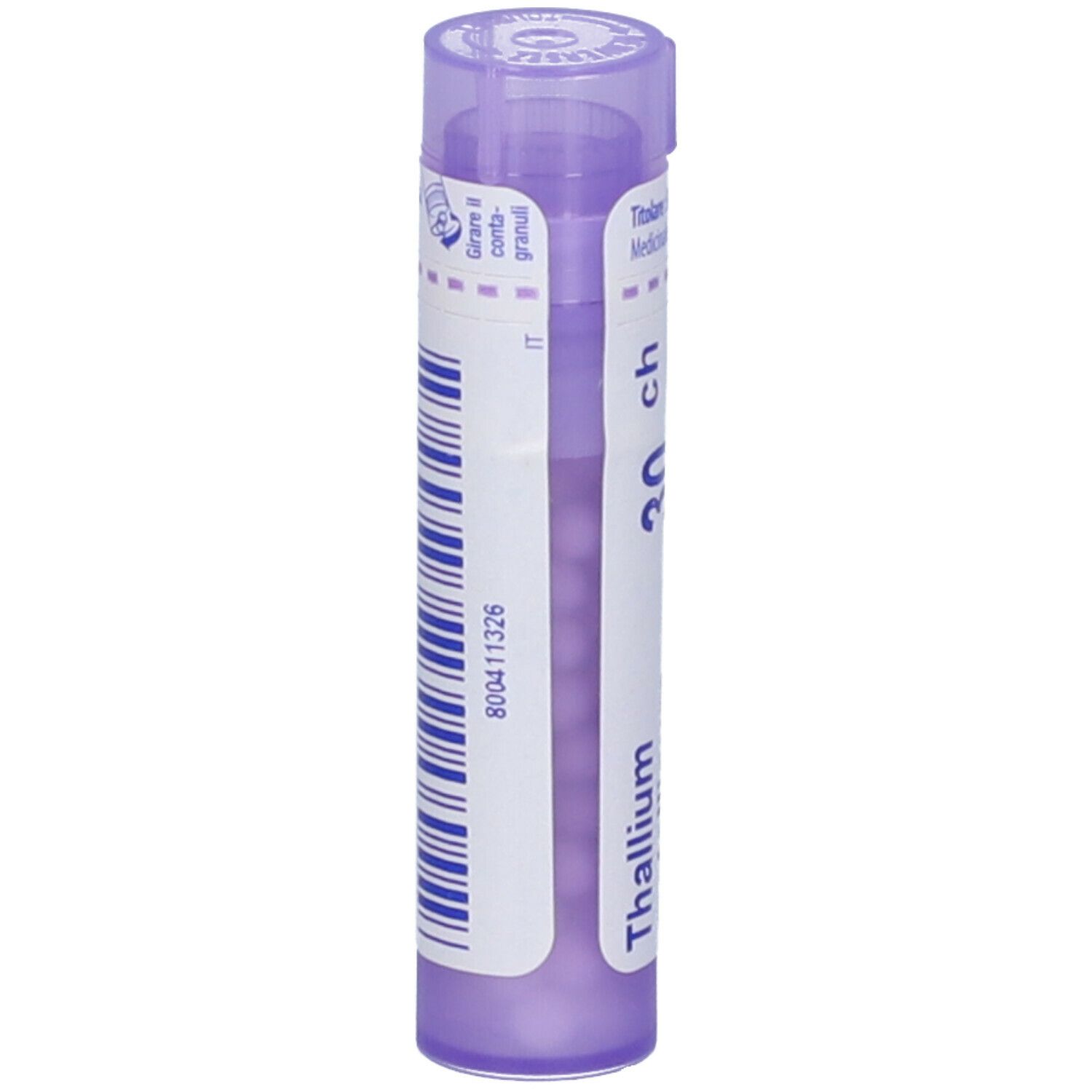 Confezione cilindrica viola. Scritta: Thallium, 30 ch. Etichetta con codice a barre e informazioni prodotto.