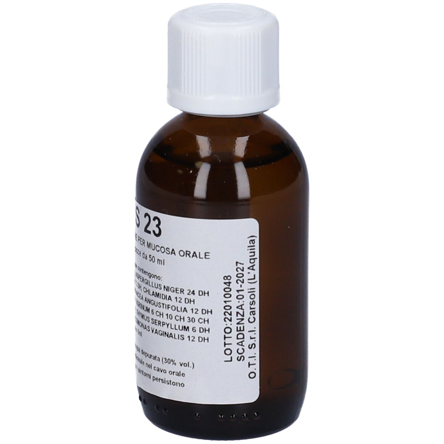 Flacone di vetro marrone con tappo bianco. Etichetta con testo: Holis 23, gocce per mucosa orale. Contiene ingredienti.